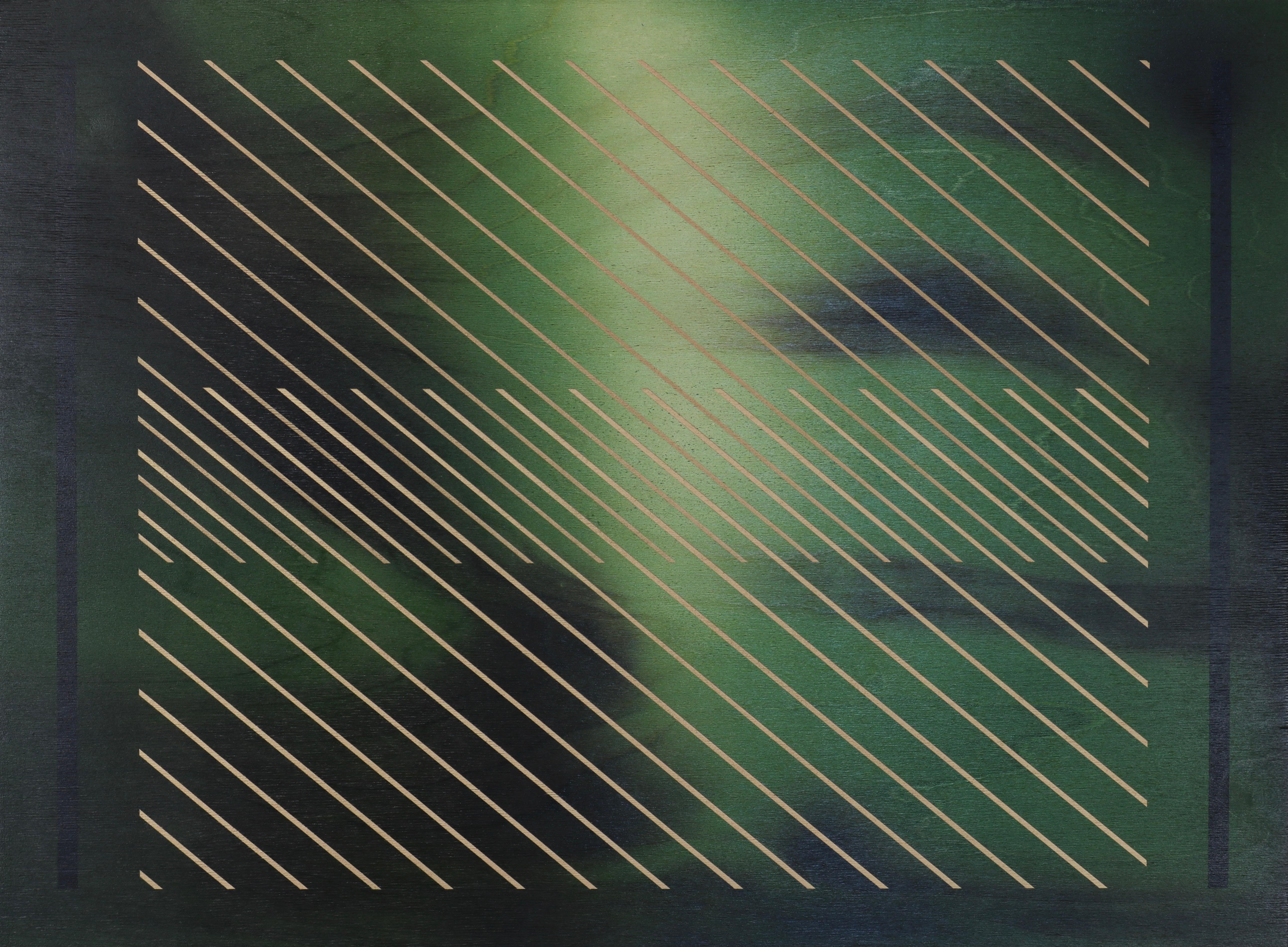 Stufen 1 (diagonales bronzefarbenes gestreiftes Gitter smaragdgrüner Sage Forest green undercurrent) – Mixed Media Art von Melisa Taylor Metzger