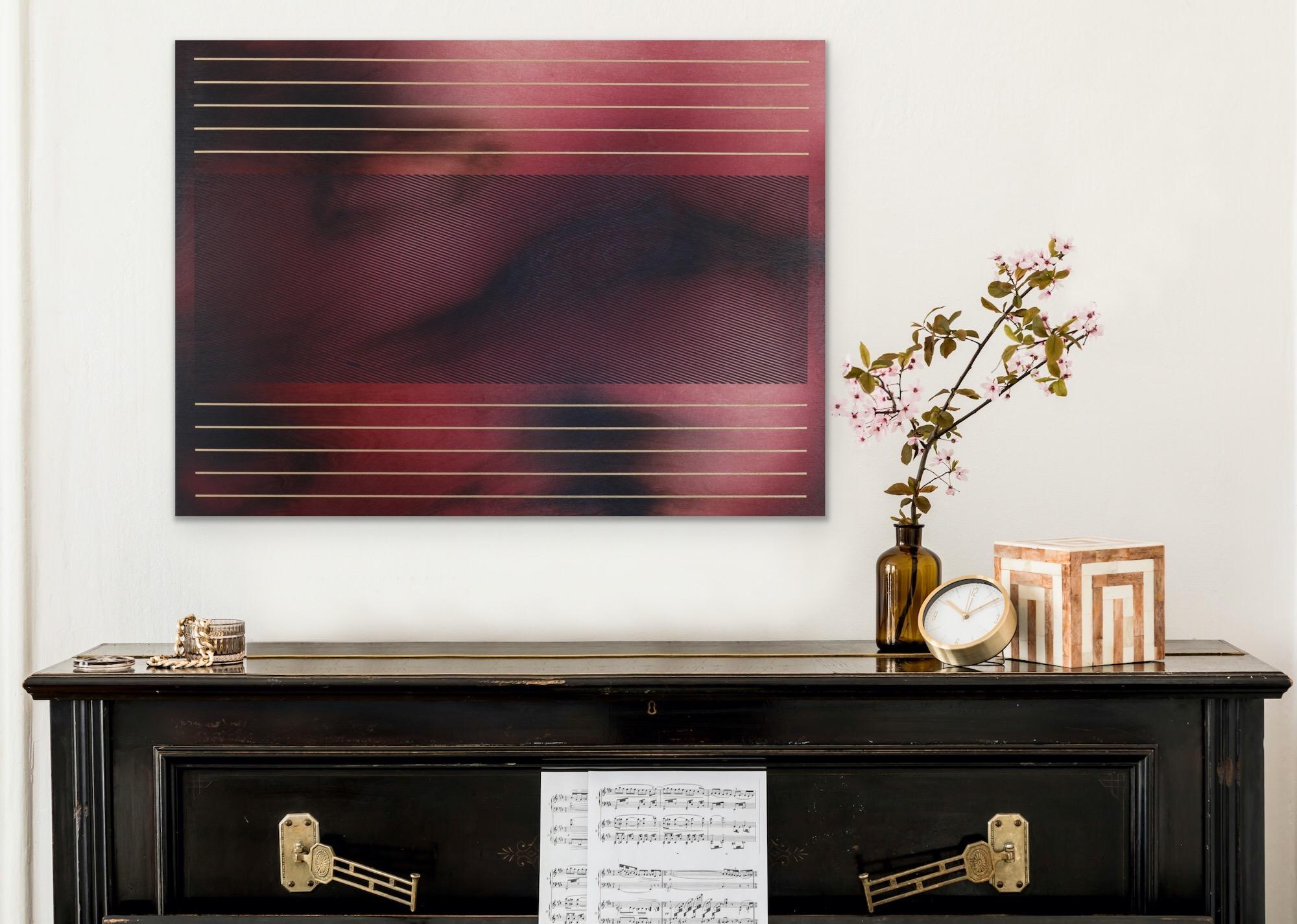 Etapas 2 (rojo cereza oscuro astro polvo cuadrícula mínima bronce oro líneas finas) - Abstract Painting Negro de Melisa Taylor Metzger