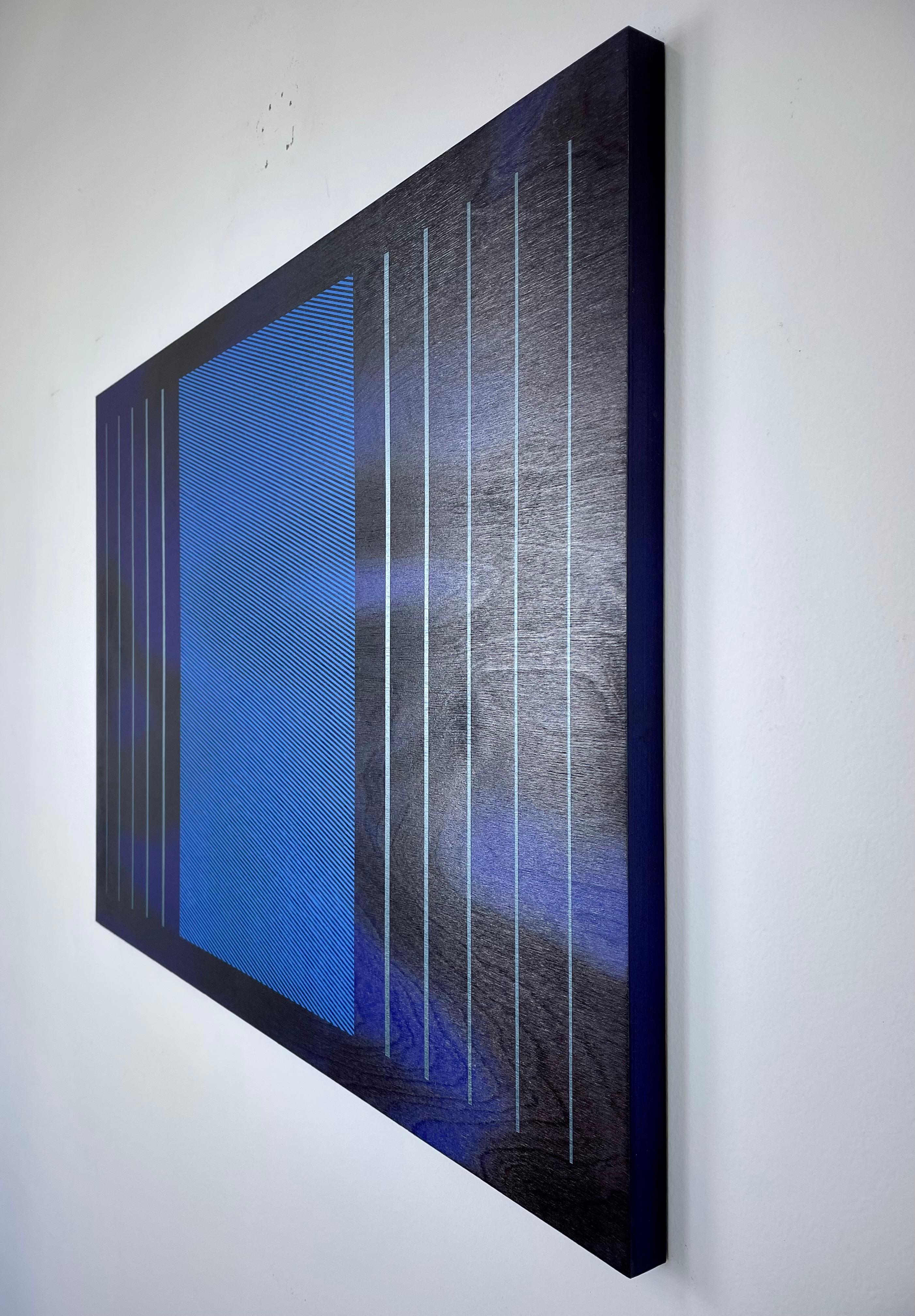 Stages 4 (future dusk space age galactic blue grid minimal painting wood) - Painting by Melisa Taylor Metzger