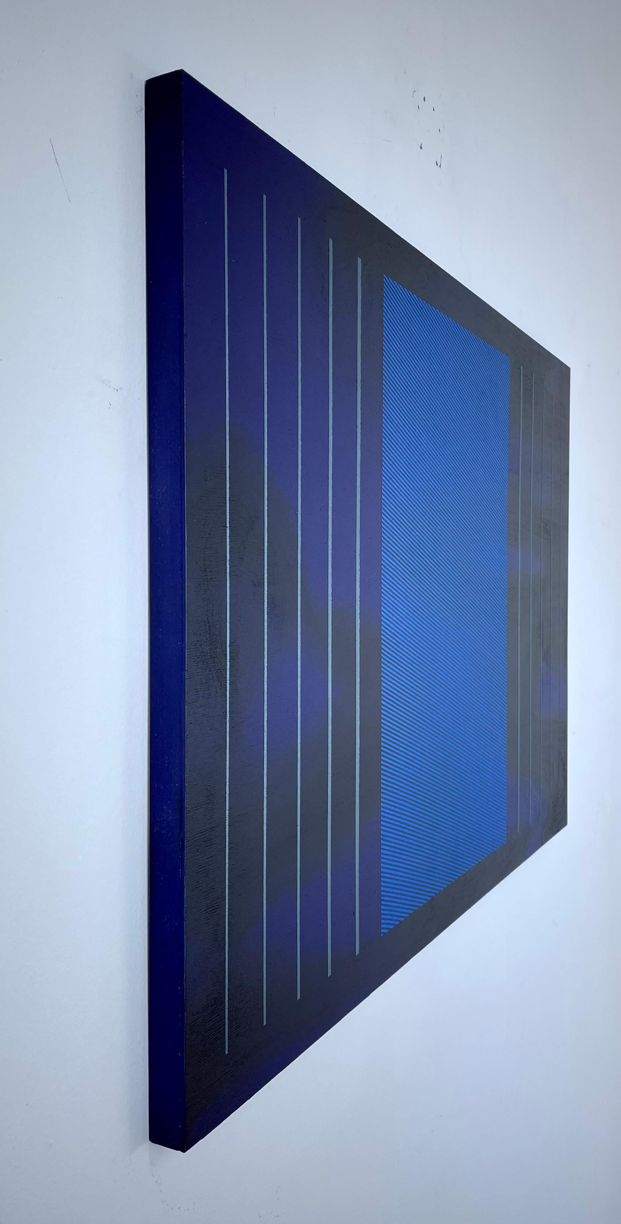 Stages 4 (future dusk space age Galactic Blue grid minimal painting wood) (Geometrische Abstraktion), Painting, von Melisa Taylor Metzger