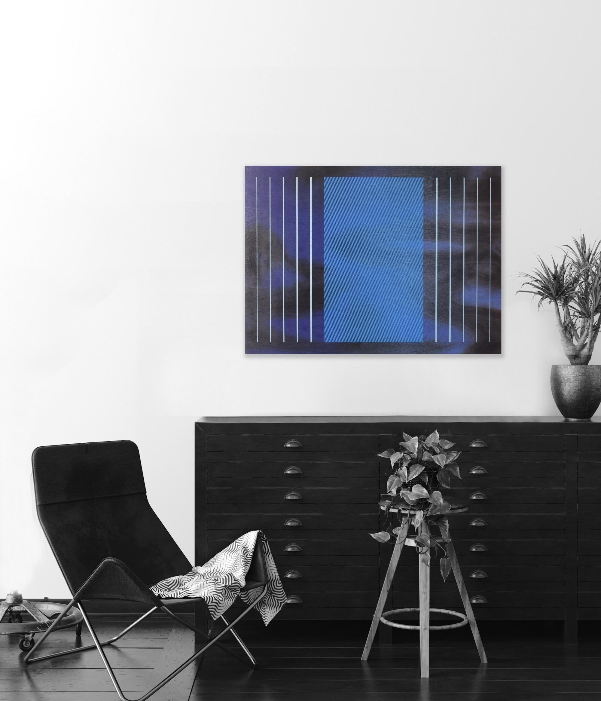 Stages 4 (future dusk space age galactic blue grid minimal painting wood) For Sale 1