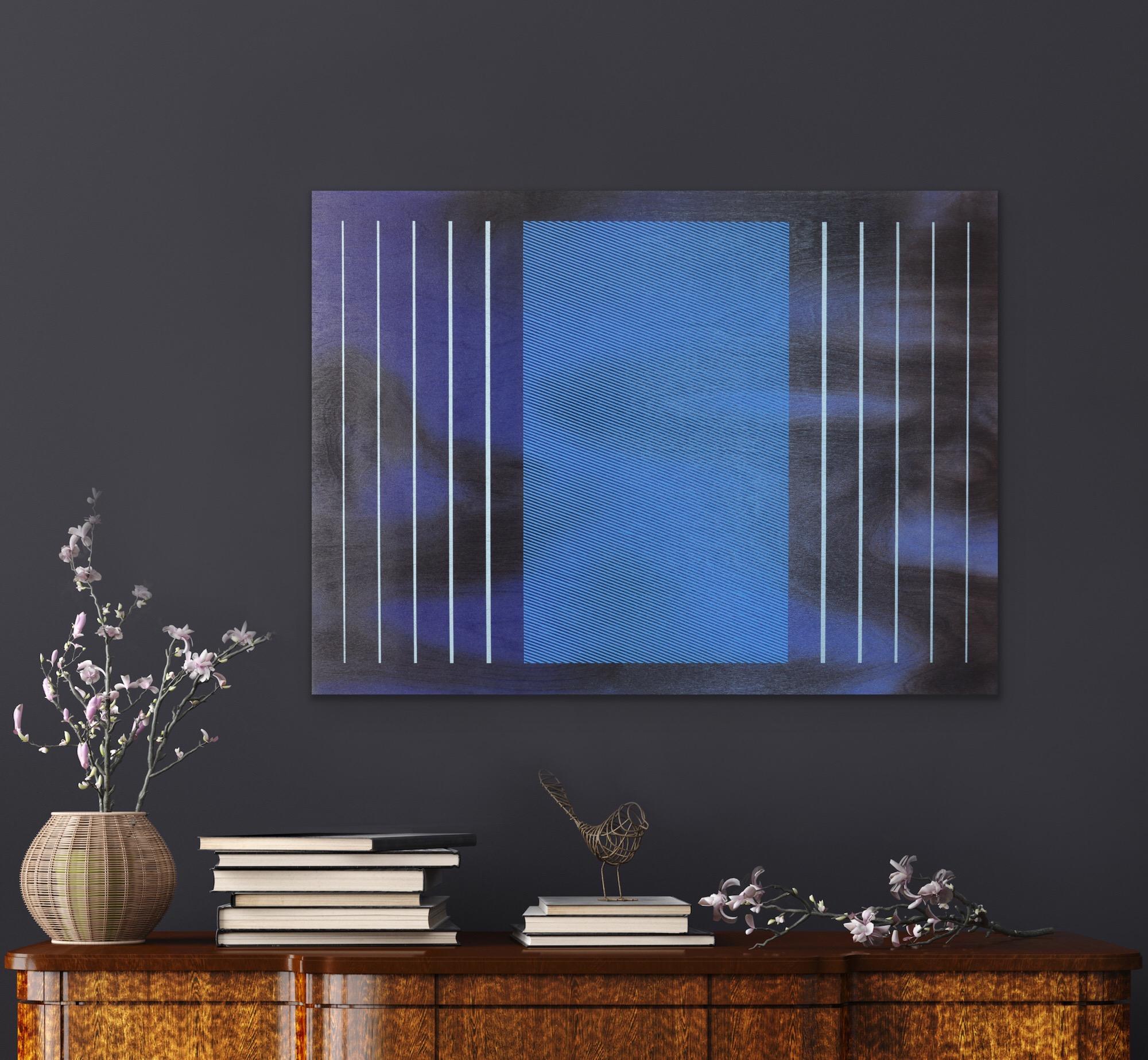 Stages 4 (future dusk space age galactic blue grid minimal painting wood) For Sale 2