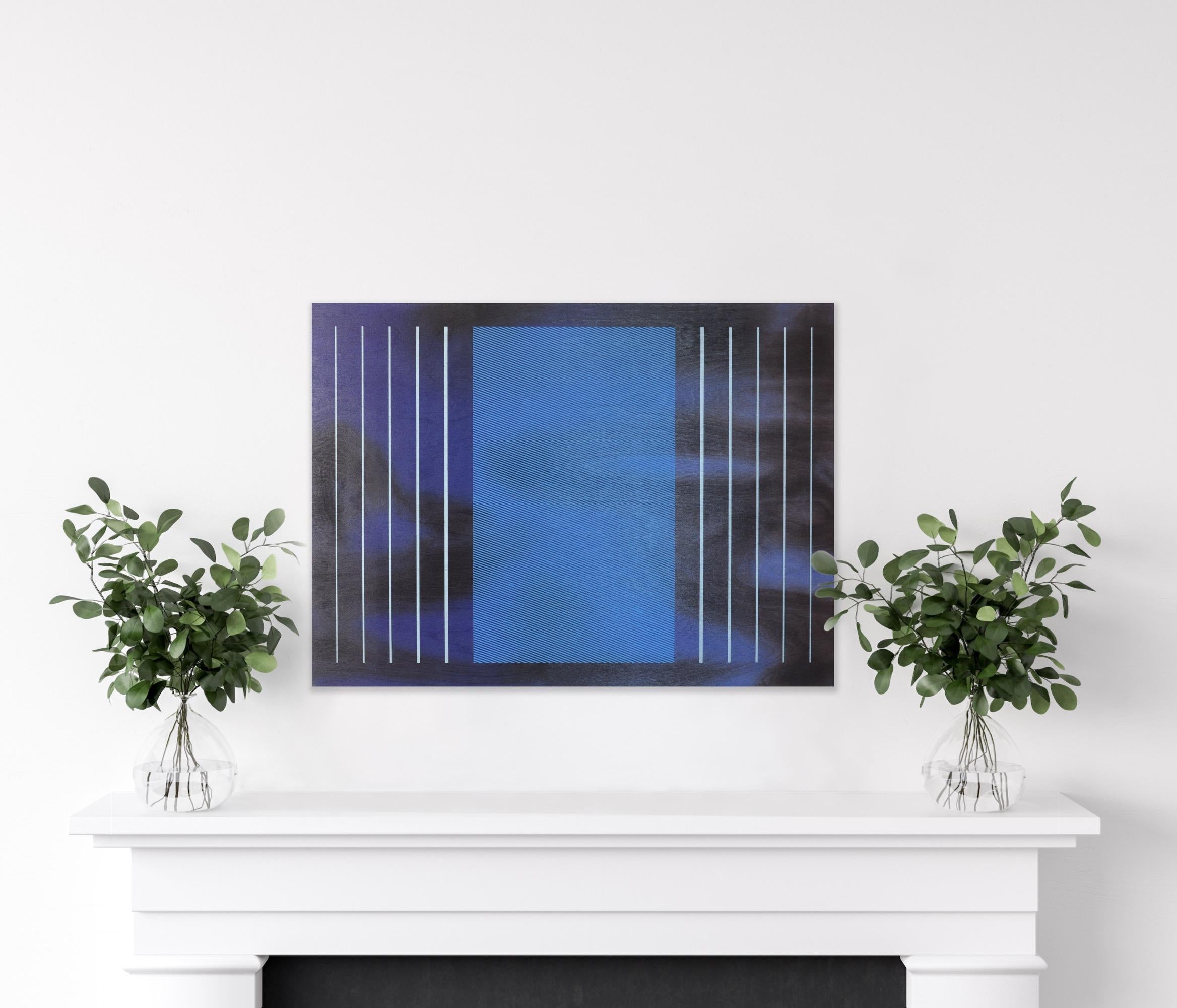 Stages 4 (future dusk space age galactic blue grid minimal painting wood) For Sale 5