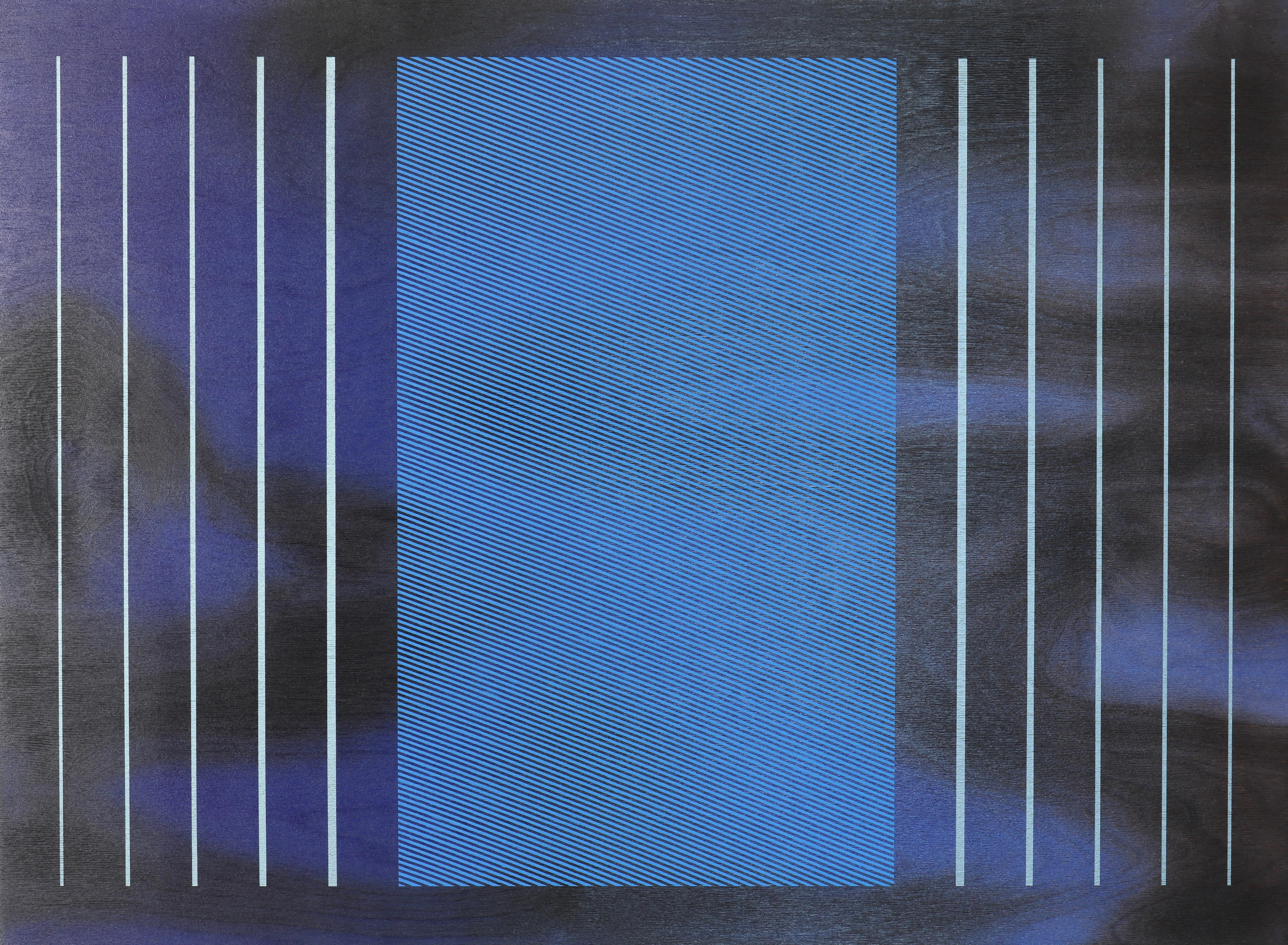 Abstract Painting de Melisa Taylor Metzger - Etapas 4 (futuro crepúsculo era espacial galáctica cuadrícula azul pintura mínima madera)
