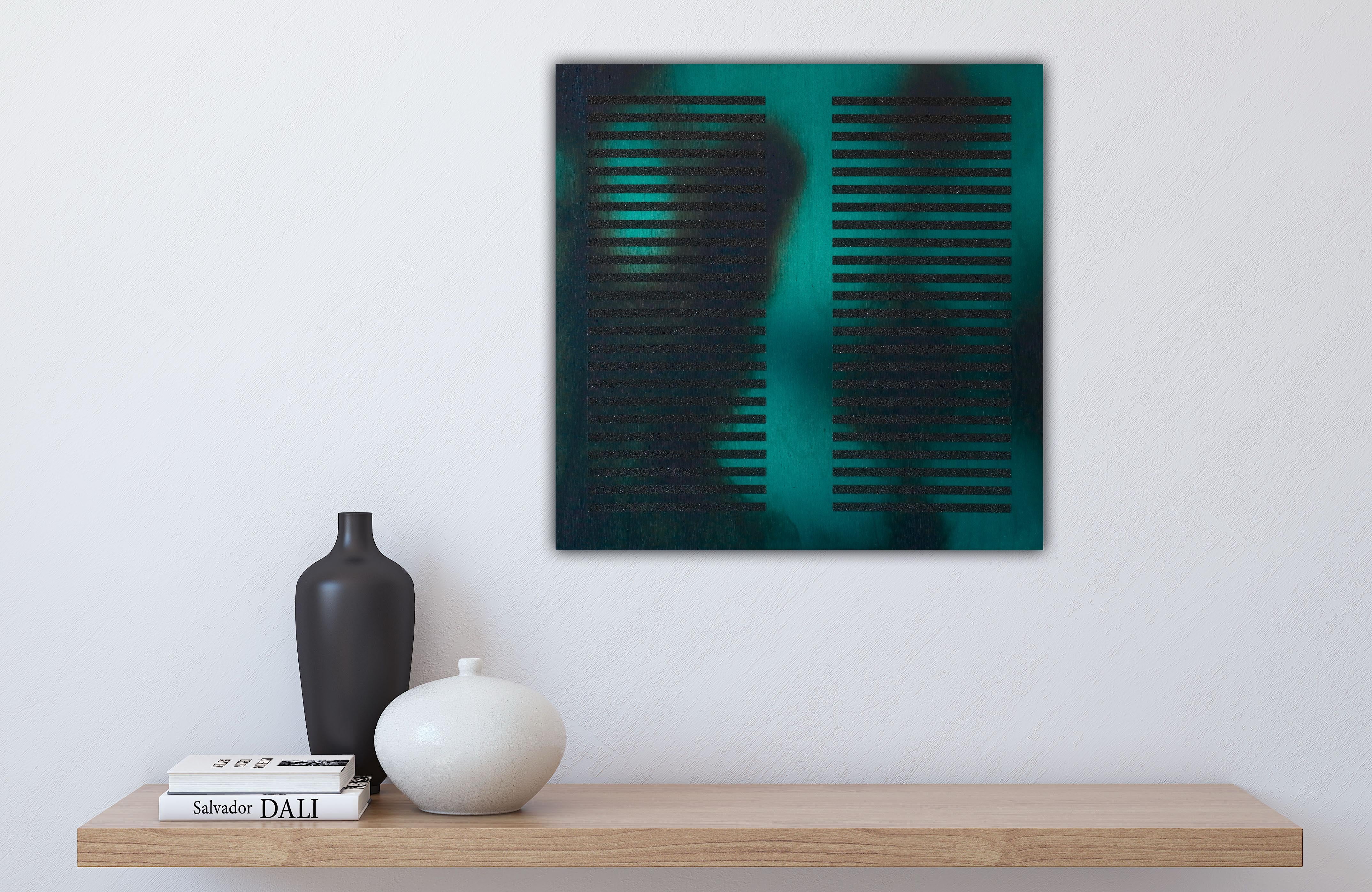 Teal Entre Medidas, Azul Esmeralda (cuadrado pintura azul madera rejilla arena negra) en venta 5