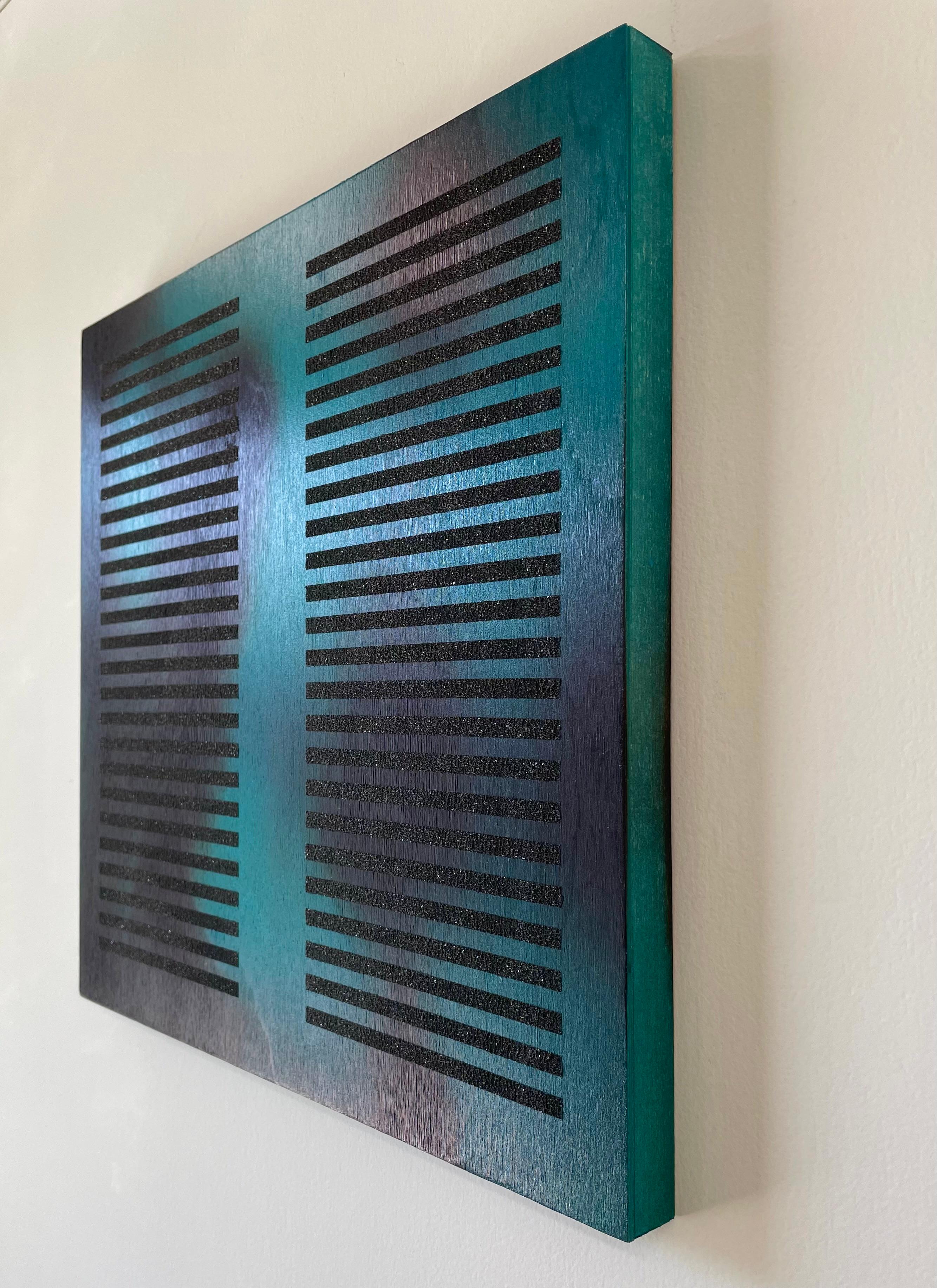 Teal Entre Medidas, Azul Esmeralda (cuadrado pintura azul madera rejilla arena negra) - Painting Geométrico abstracto de Melisa Taylor Metzger