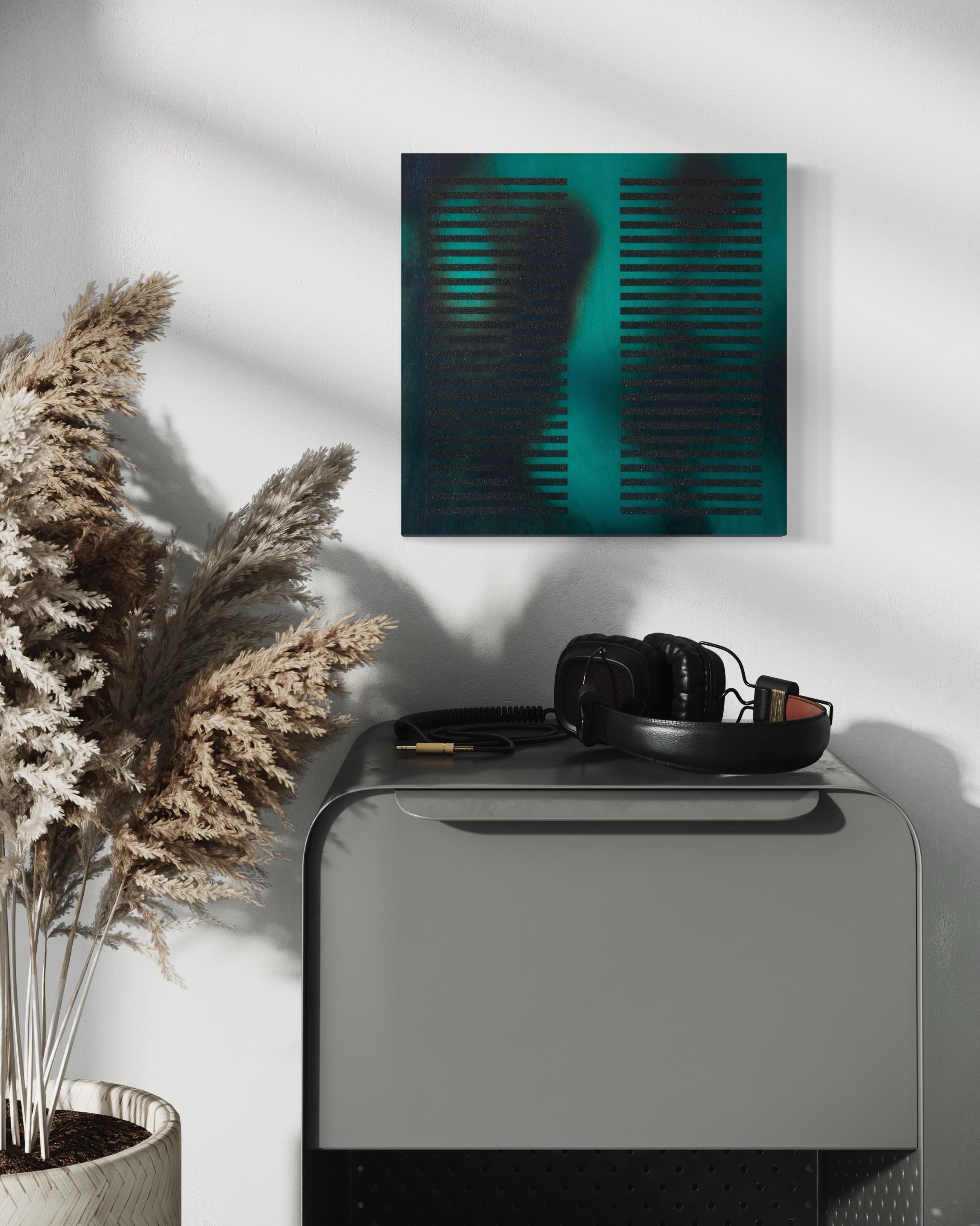 Teal Entre Medidas, Azul Esmeralda (cuadrado pintura azul madera rejilla arena negra) en venta 2
