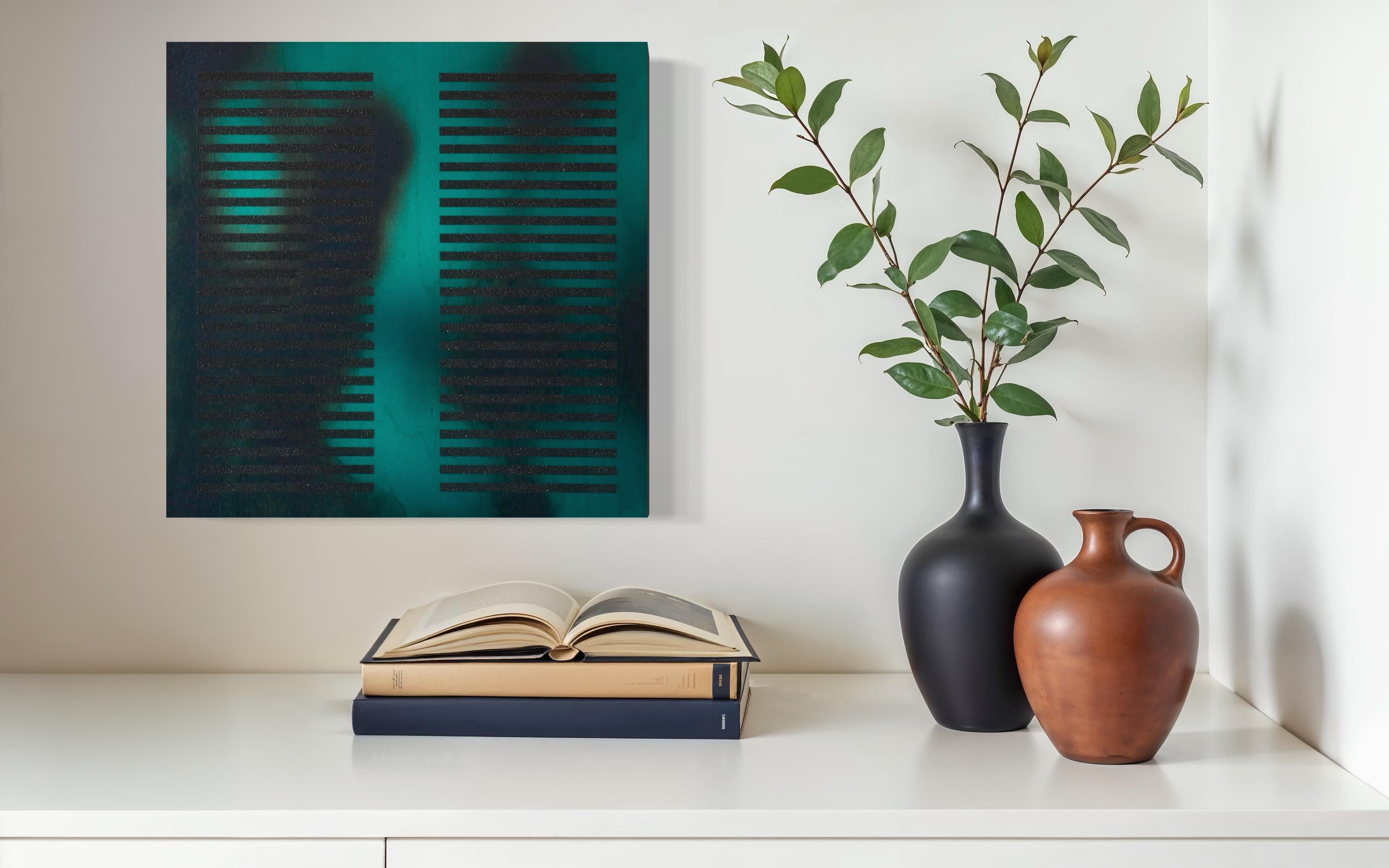 Teal Entre Medidas, Azul Esmeralda (cuadrado pintura azul madera rejilla arena negra) en venta 3