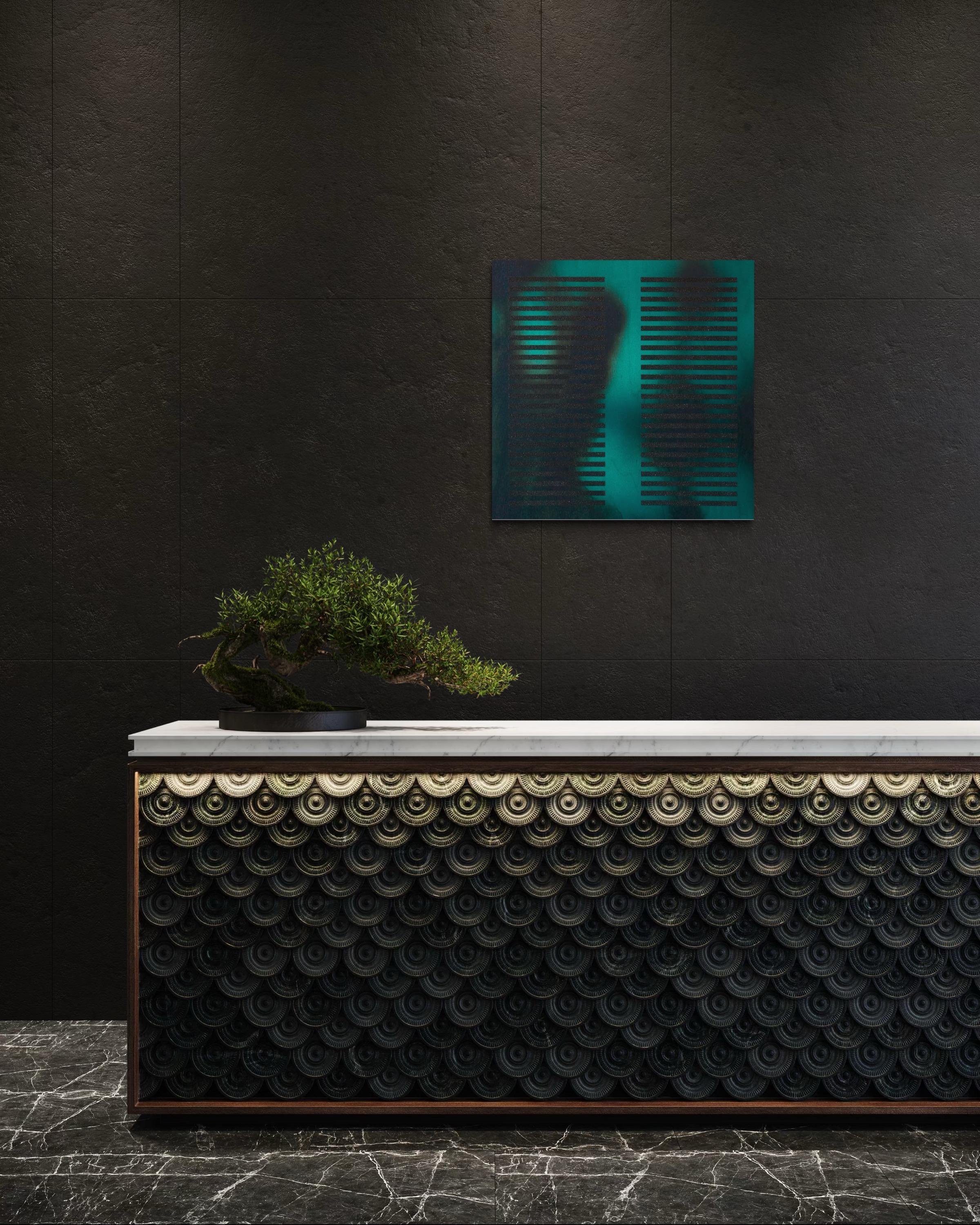 Teal Entre Medidas, Azul Esmeralda (cuadrado pintura azul madera rejilla arena negra) en venta 4