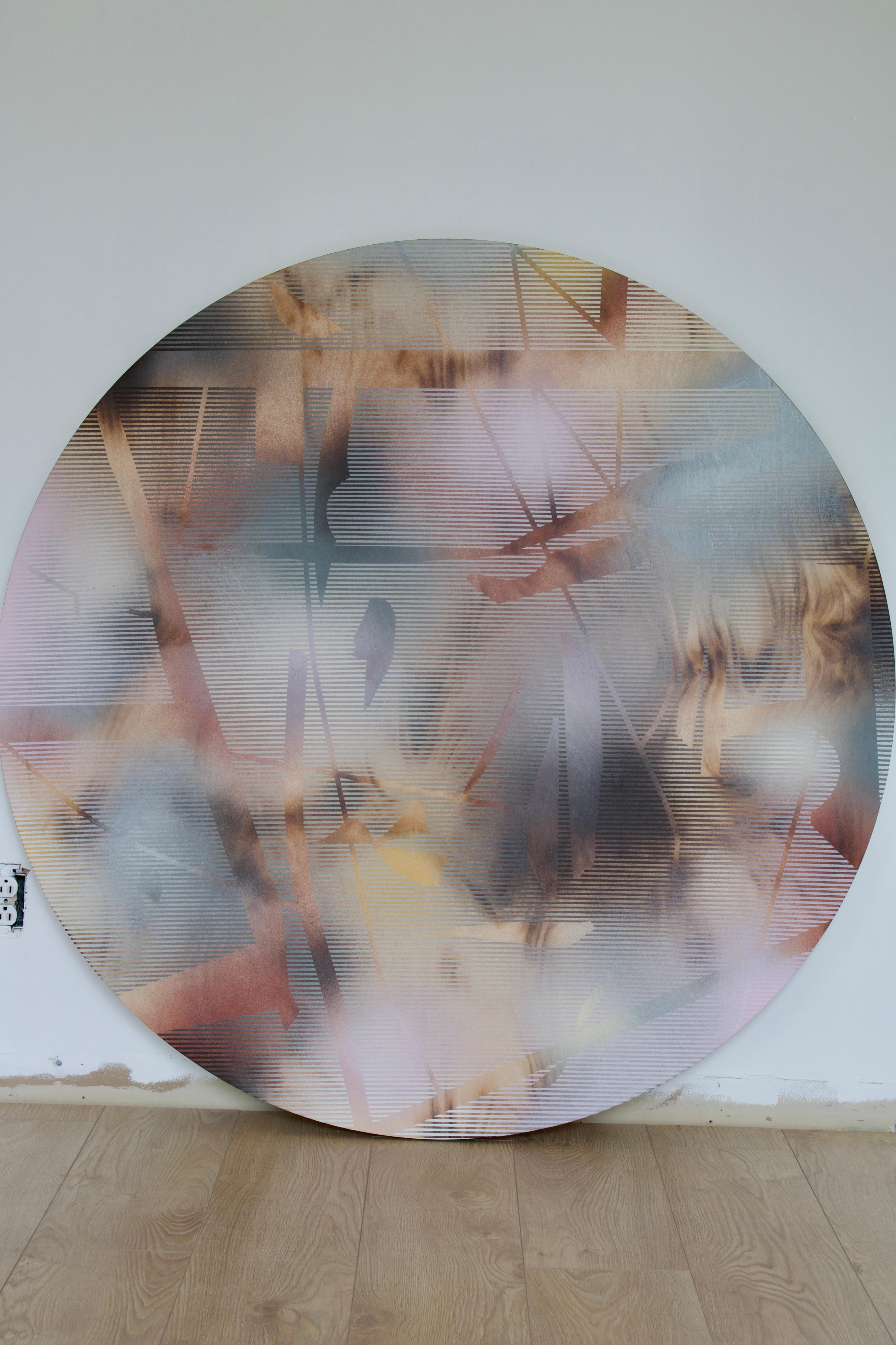 tondo (panneau rond circulaire pastel neutre bois peinture contemporaine en grille) - Géométrique abstrait Mixed Media Art par Melisa Taylor Metzger