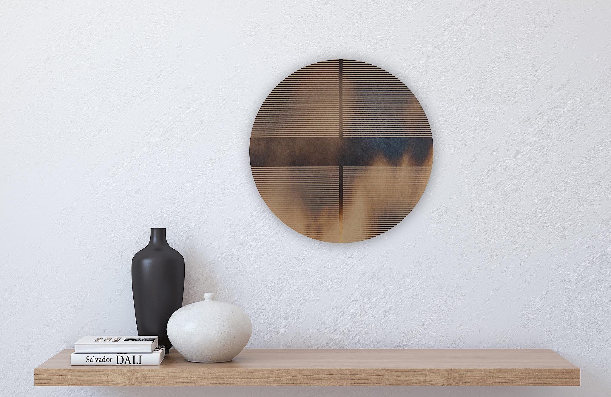 Trüffel braune Pille (minimalistische Gitter runde Malerei auf Holz Dopamin Kunst) im Angebot 1