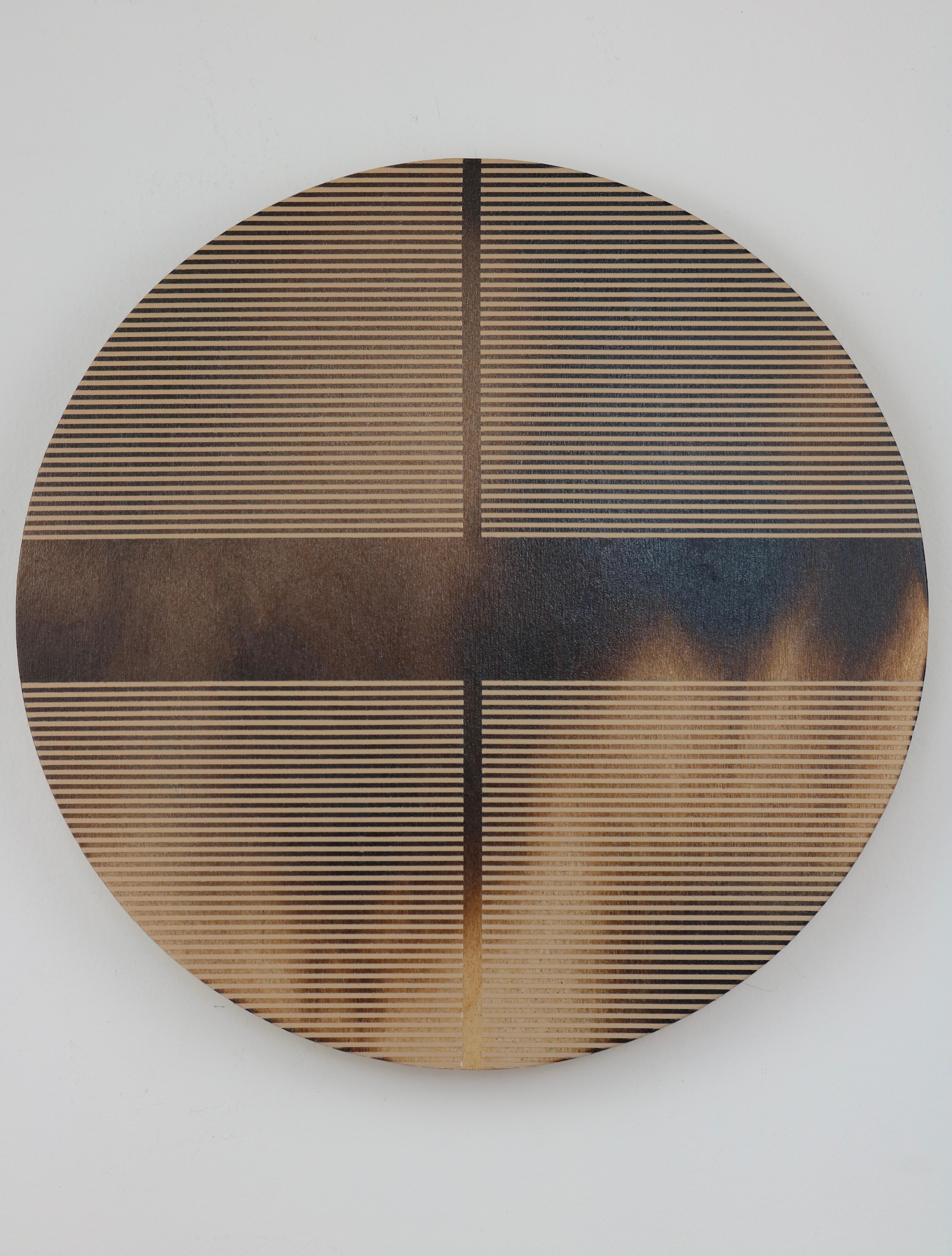 Melisa Taylor Metzger Abstract Painting - Truffle brown pill (minimaliste grid round painting on wood dopamine art)