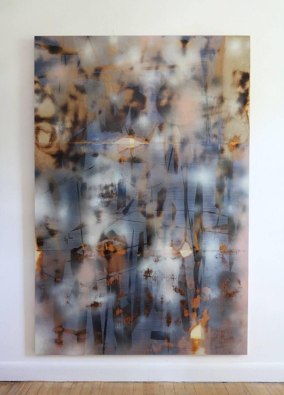 Turbulence 10 (grid painting abstract wood contemporary blue large panel neutral - Painting by Melisa Taylor Metzger