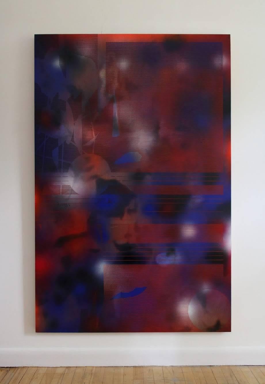 Turbulence 18 (grid painting abstract wood contemporary dark blue burgundy art) - Painting by Melisa Taylor Metzger