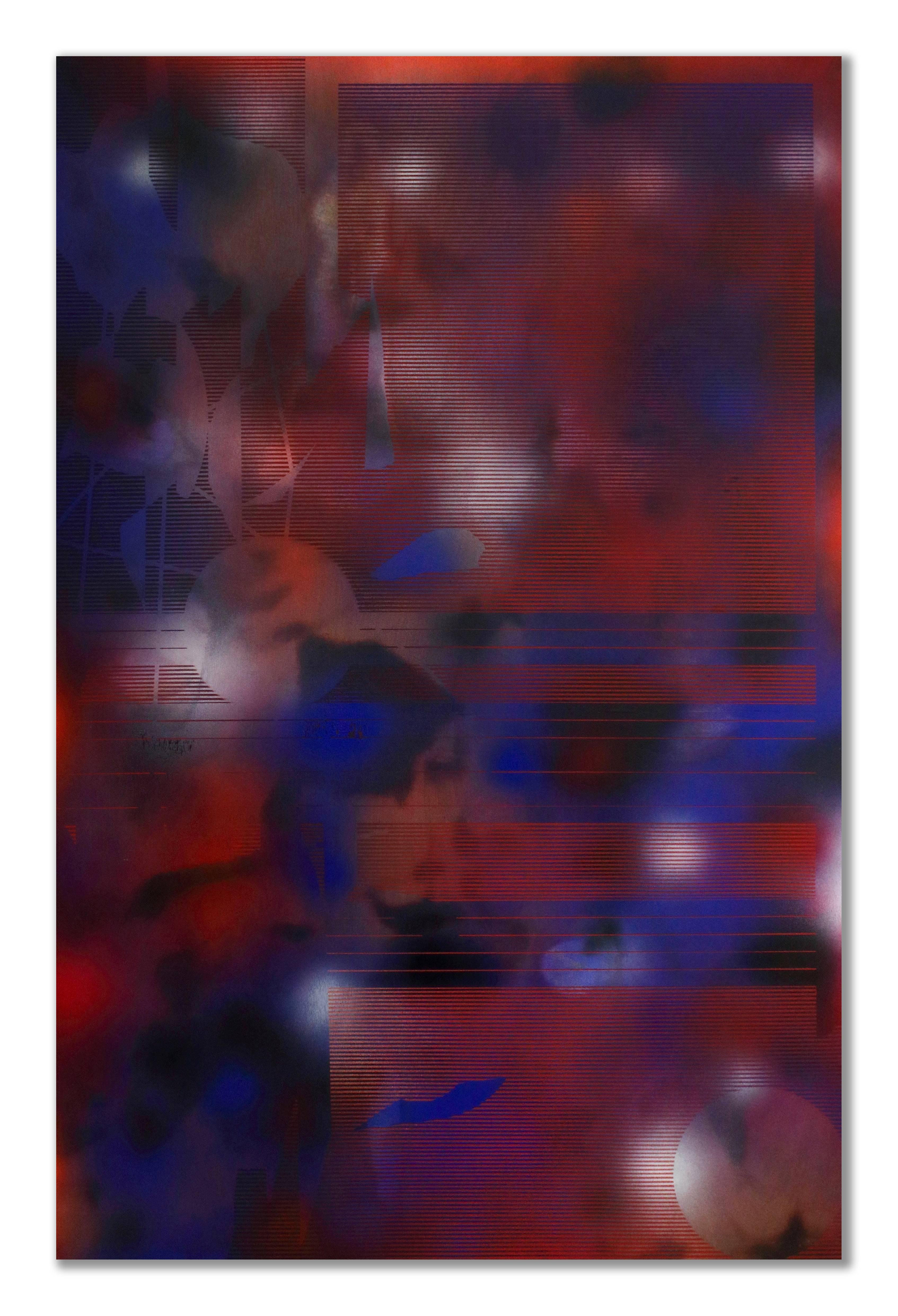 Abstract Painting di Melisa Taylor Metzger - Turbulence 18 (quadro a griglia astratto in legno contemporaneo blu scuro bordeaux)