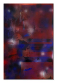 Turbulence 18 (peinture à grille en bois abstrait contemporain bleu foncé art bordeaux)