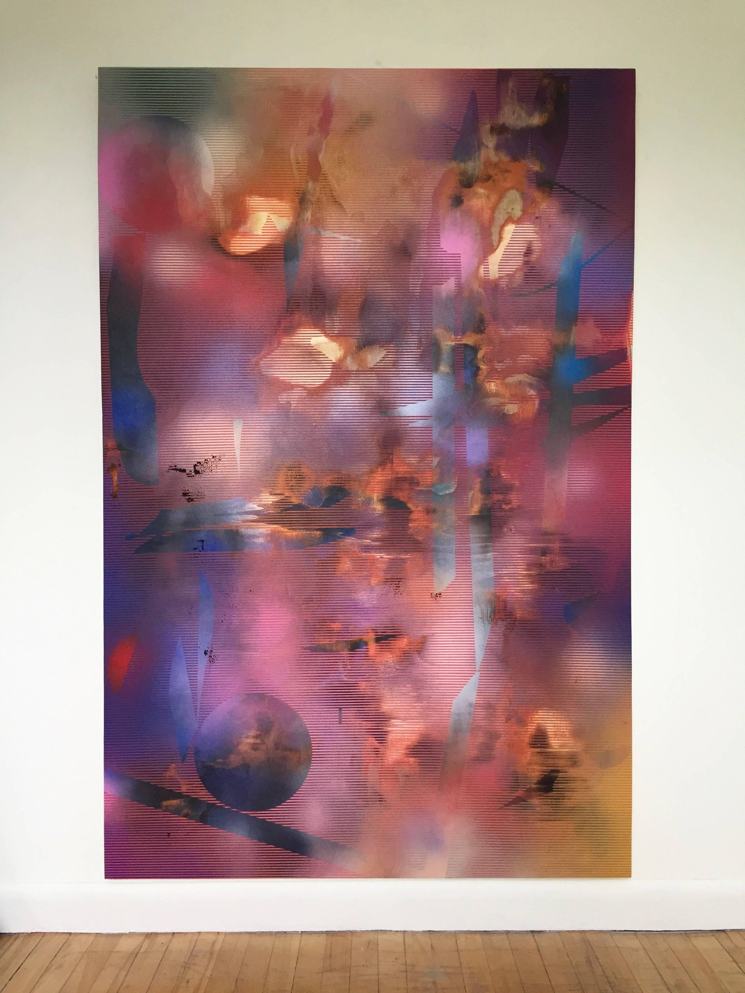Turbulence 21 (grid painting abstract wood contemporary vibrant pink large panel - Painting by Melisa Taylor Metzger
