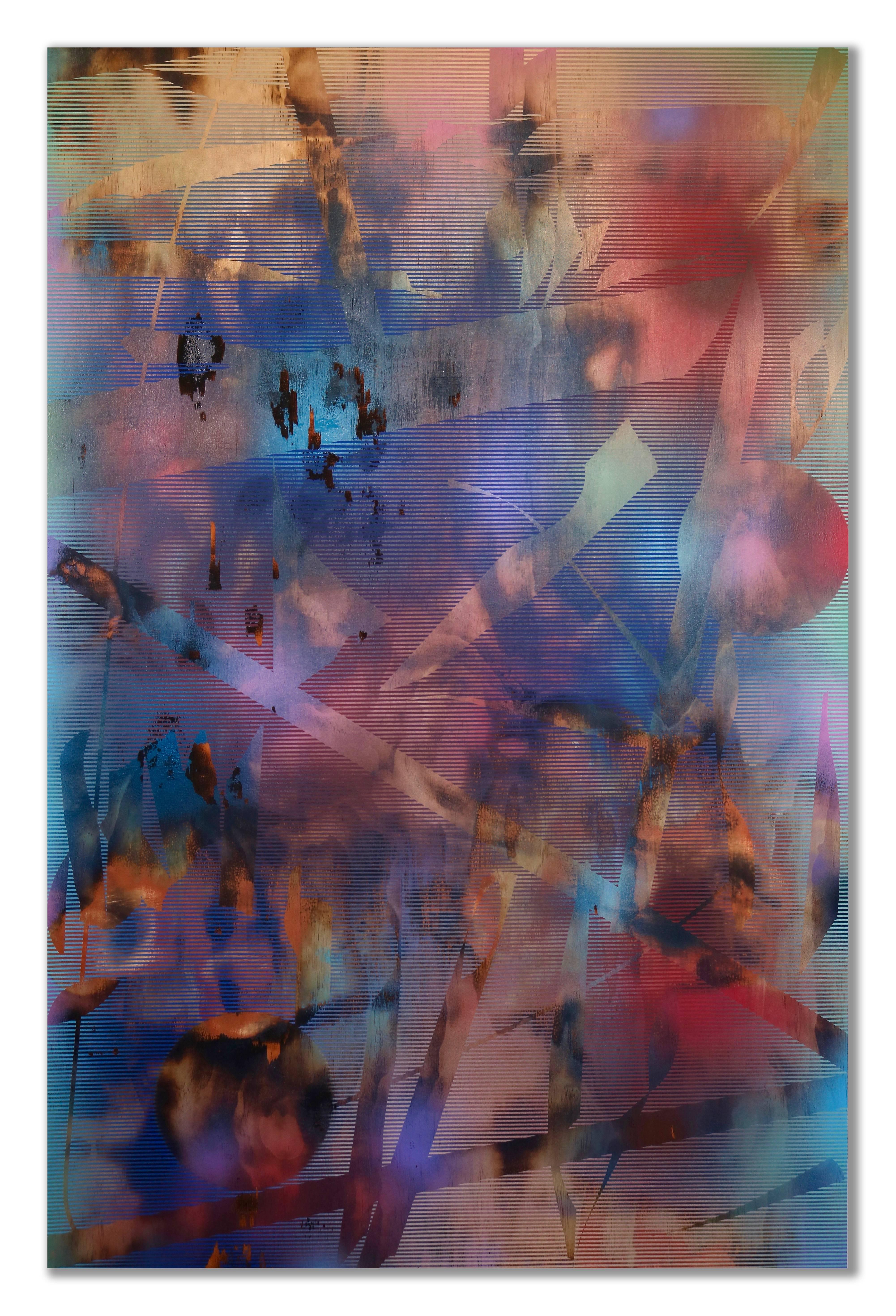 Turbulence 22 (grid painting abstraktes Holz zeitgenössisches farbenfrohes, lebendiges, großes  – Mixed Media Art von Melisa Taylor Metzger