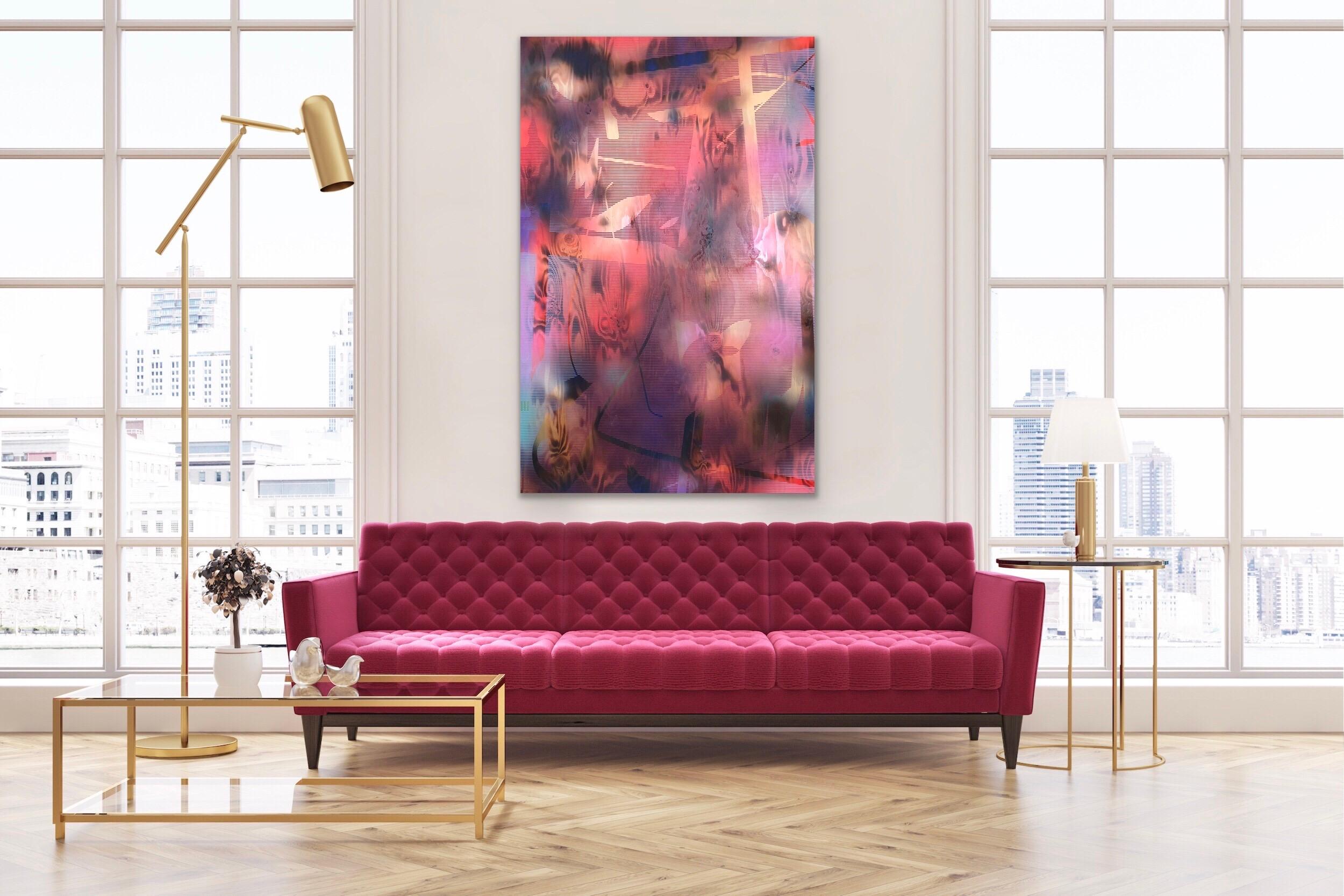 Screen 2022.1 (fire red, pink, mauve, grid, gestural, movement, abstract, wood) For Sale 1