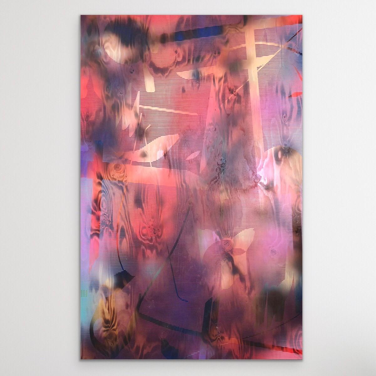 Screen 2022.1 (fire red, pink, mauve, grid, gestural, movement, abstract, wood) For Sale 4