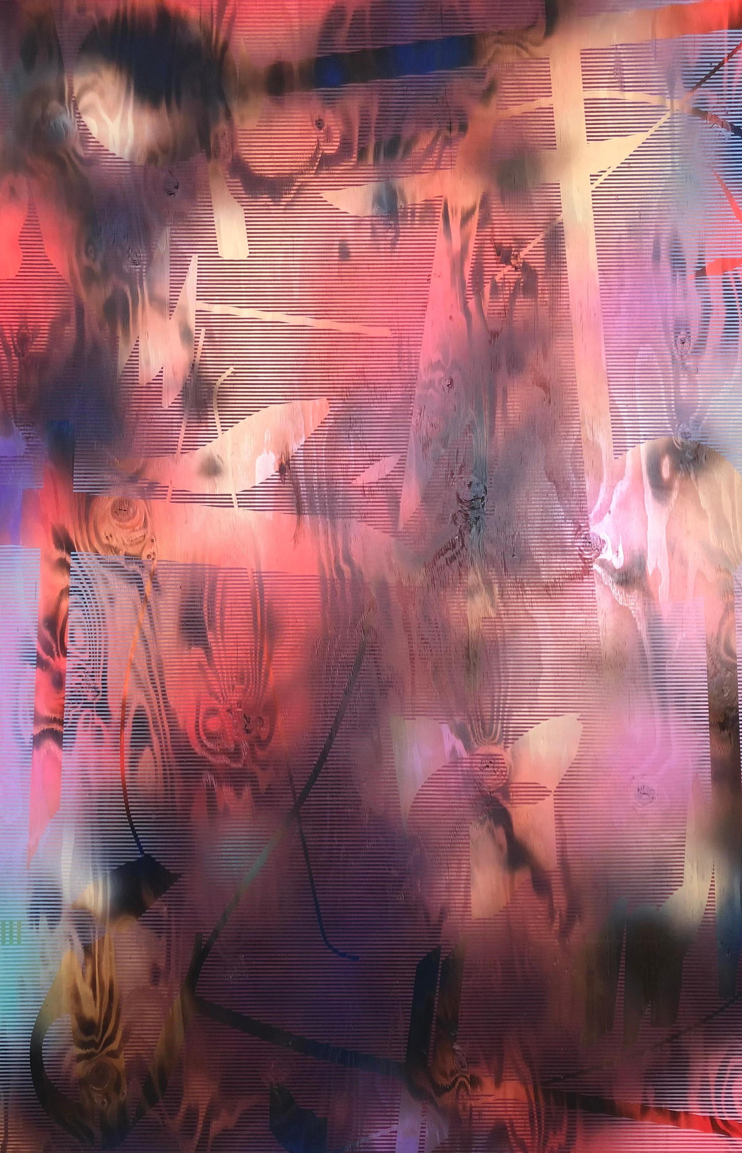 Melisa Taylor Metzger Abstract Painting - Screen 2022.1 (fire red, pink, mauve, grid, gestural, movement, abstract, wood)