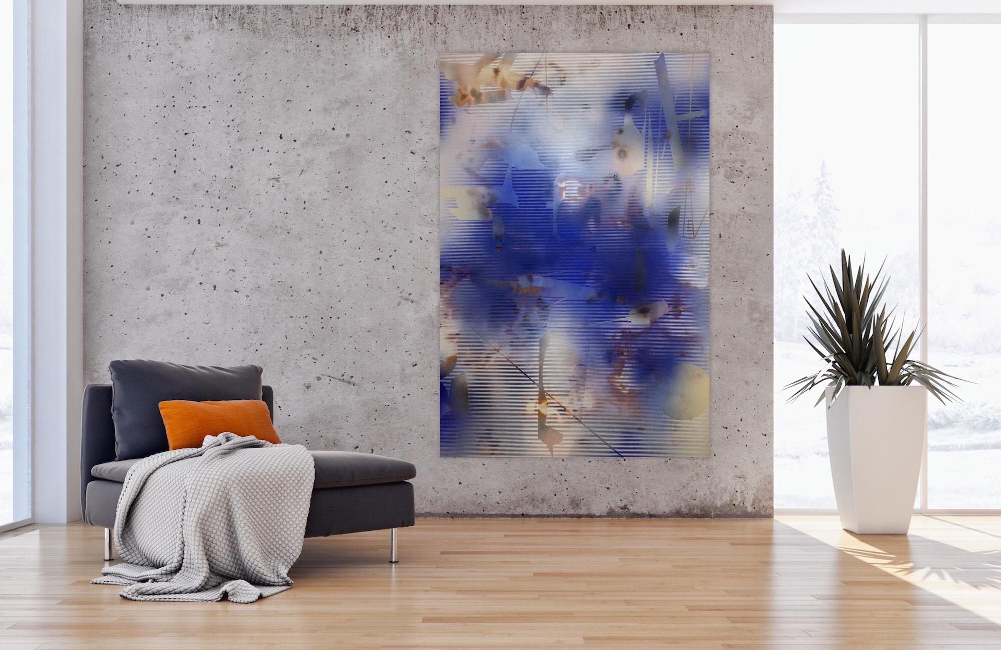 Turbulence (peinture de grille en bois abstrait, art contemporain bleu, art contemporain) - Gris Abstract Painting par Melisa Taylor Metzger