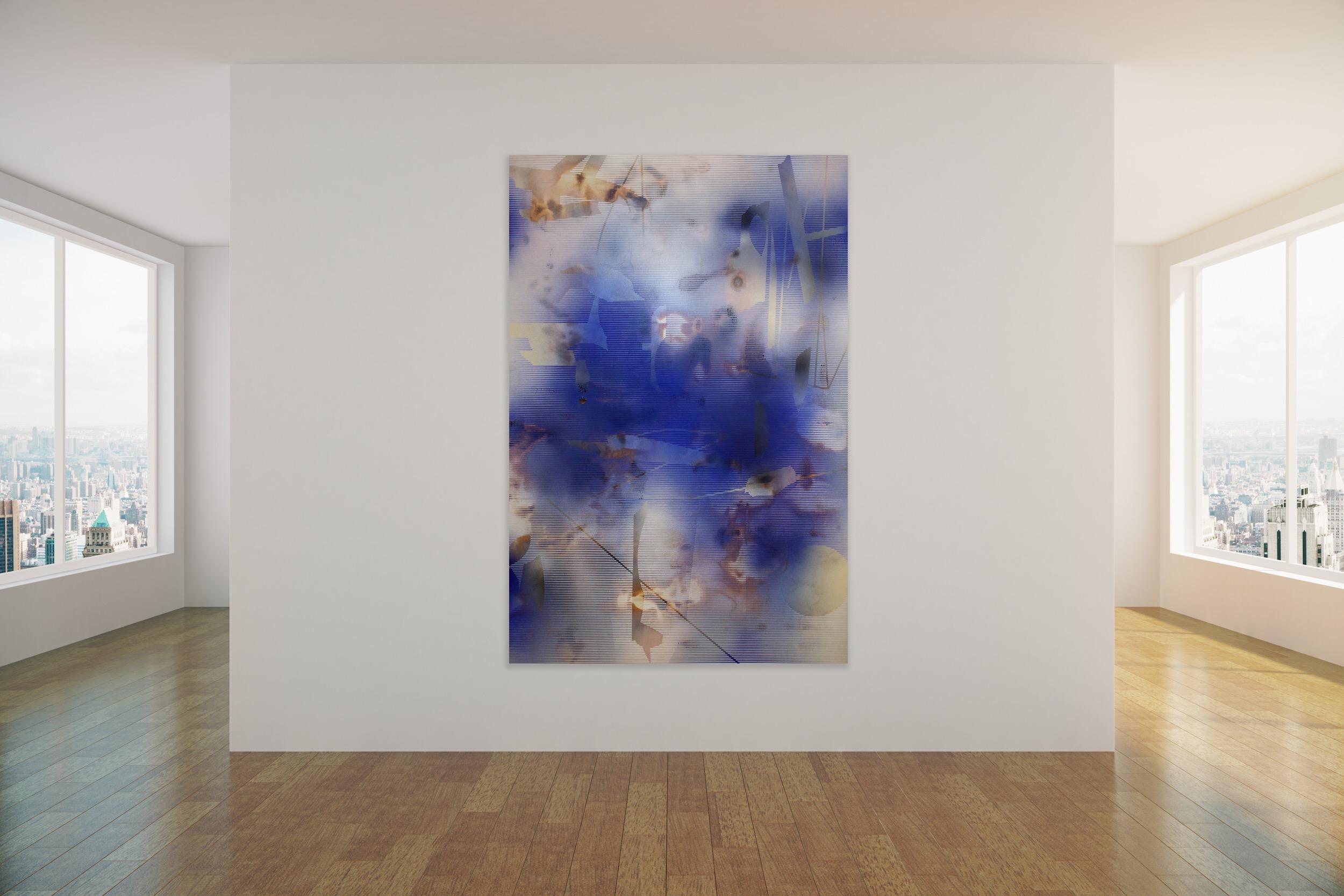 Turbulence (grid painting abstract wood contemporary blue art contemporary) - Minimalist Painting by Melisa Taylor Metzger