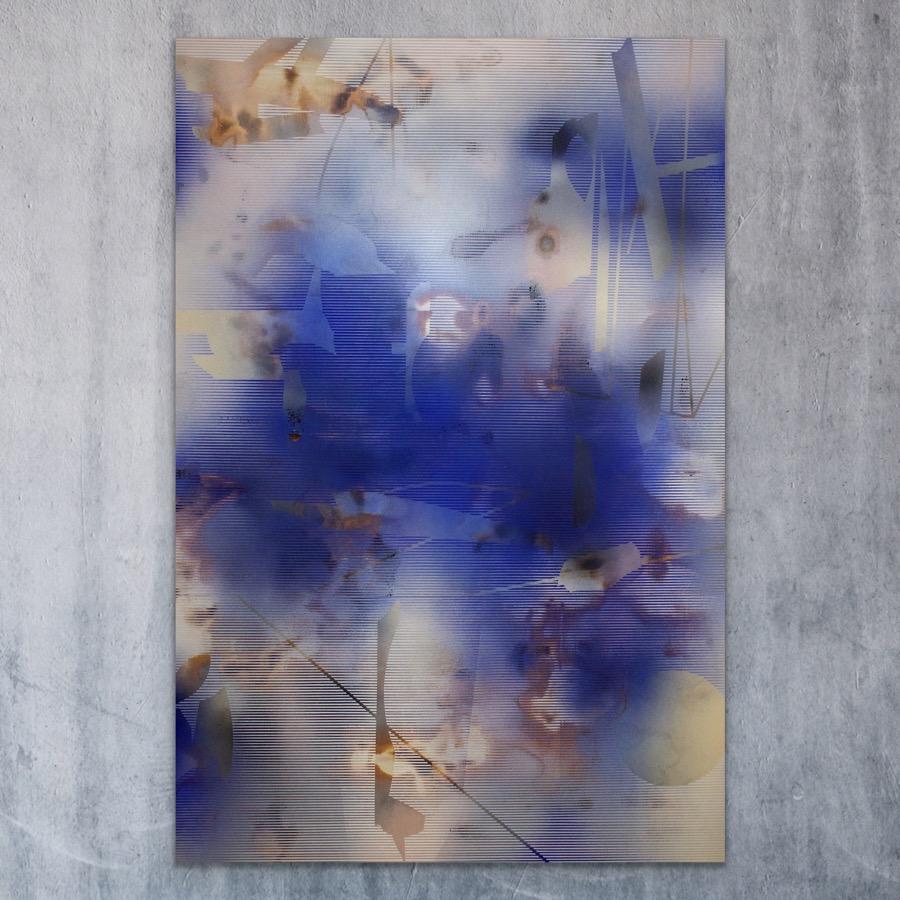 Turbulence (grid painting abstract wood contemporary blue art contemporary) - Gray Abstract Painting by Melisa Taylor Metzger