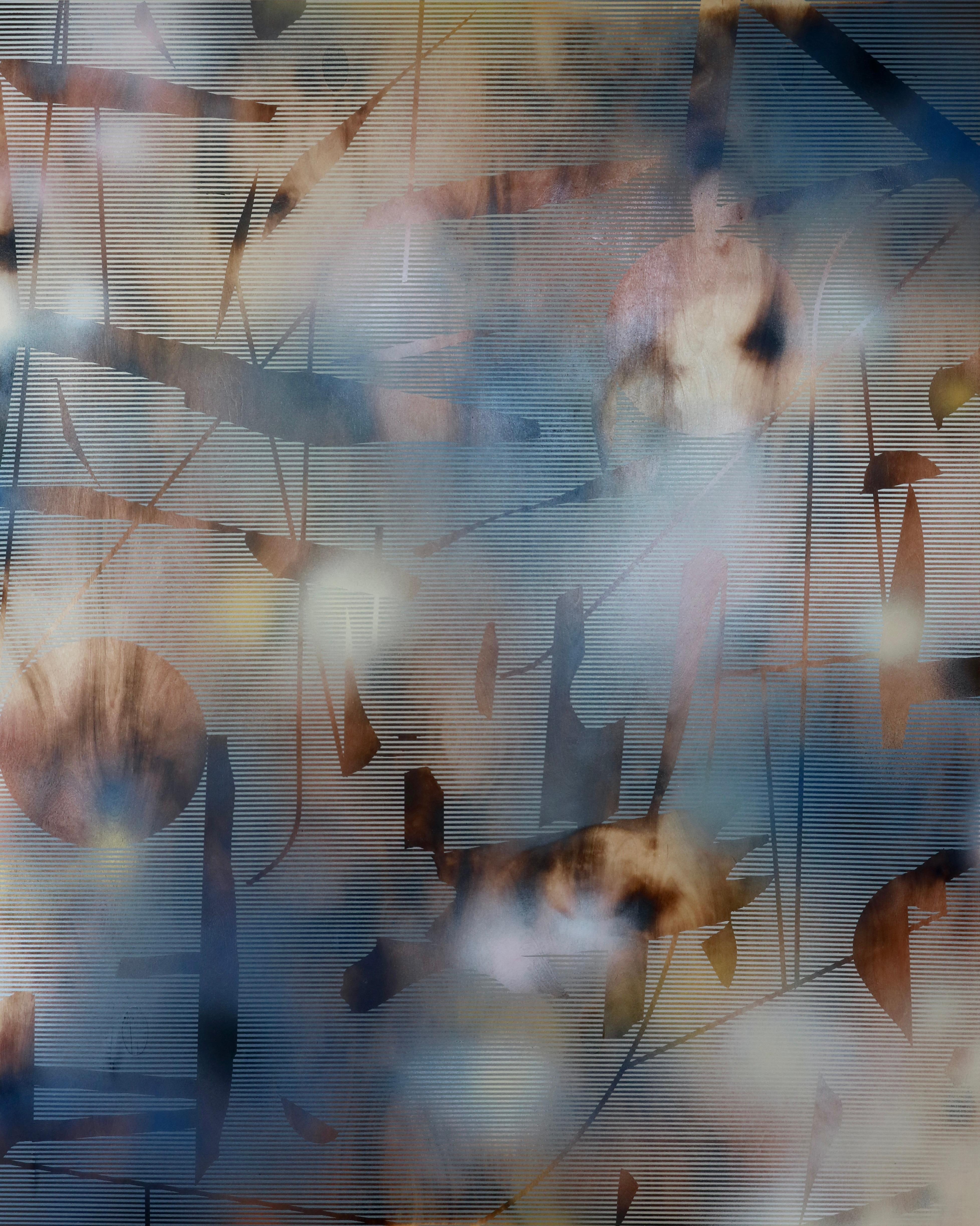 Turbulence x (Gittermalerei abstraktes Holz zeitgenössische organische Motive optisch) – Mixed Media Art von Melisa Taylor Metzger