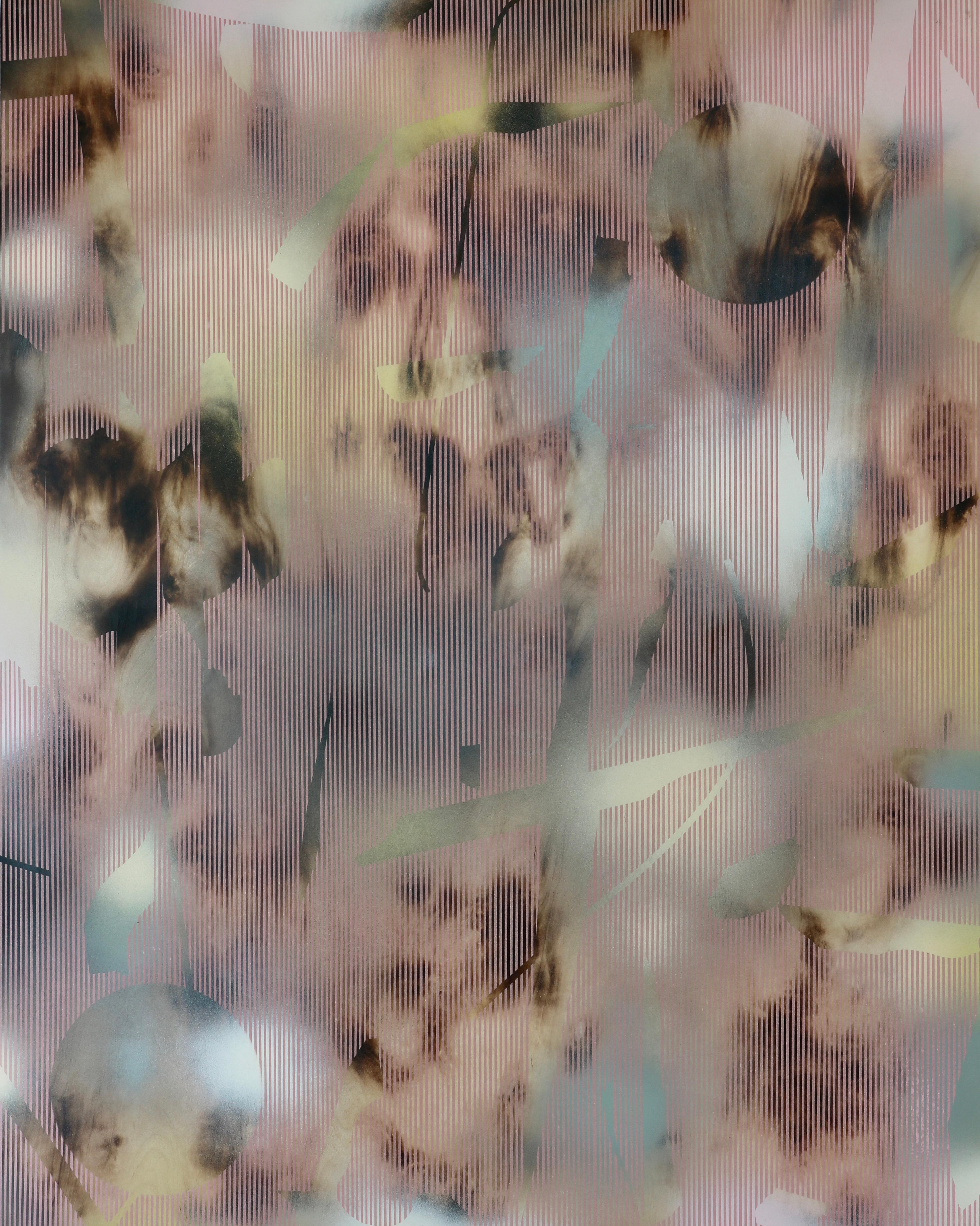 Melisa Taylor Metzger Abstract Painting – Turbulence x1 (rosa Dreibeine Linien Holz abstrakte Gitter optimal zeitgenössischen Design)
