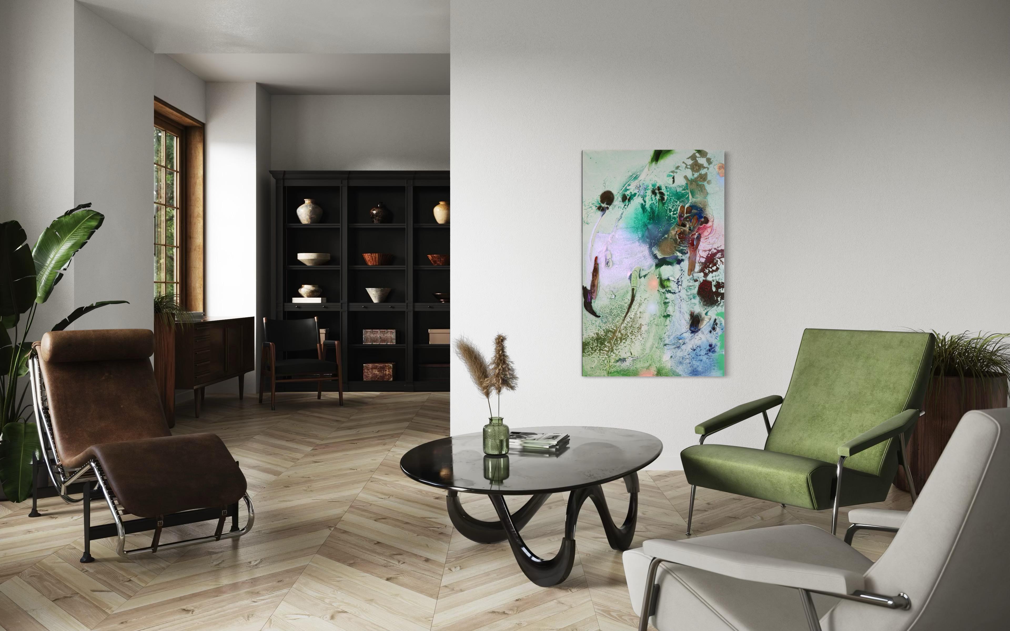 Vestiges spectrales I ist ein großformatiges Mixed-Media-Gemälde auf Leinwand, das eine geisterhafte Meereslandschaft heraufbeschwört, in der die Spuren von Zeit und Materie zusammenlaufen. Durch den Einsatz von Collage, Impasto und eingebetteten