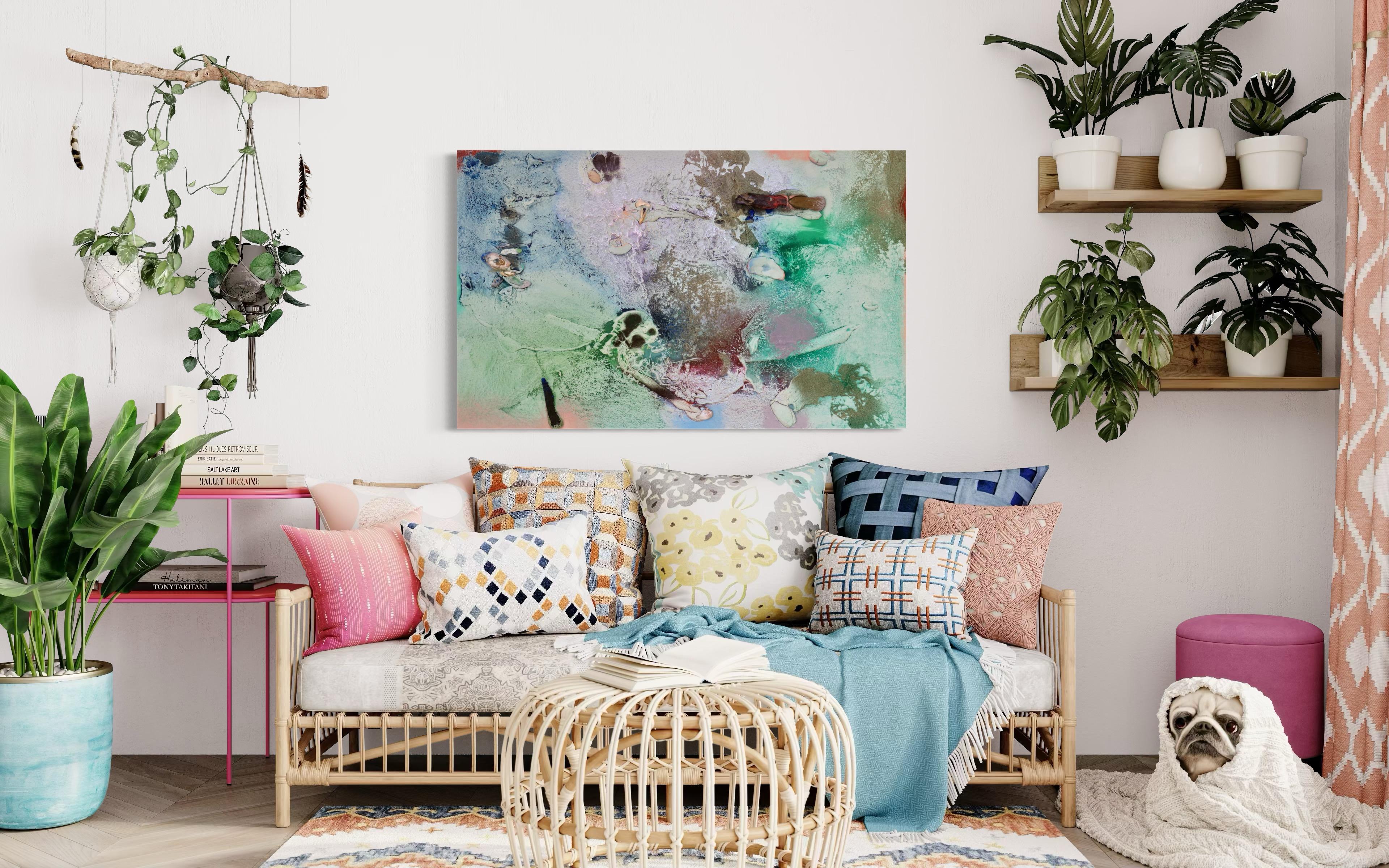 Vestiges spectrales II is a large-scale mixed-media painting on canvas that transforms the surface into a textured terrain where the visible and invisible intermingle. Built from layers of acrylic medium, impasto, and collaged fragments—sand,