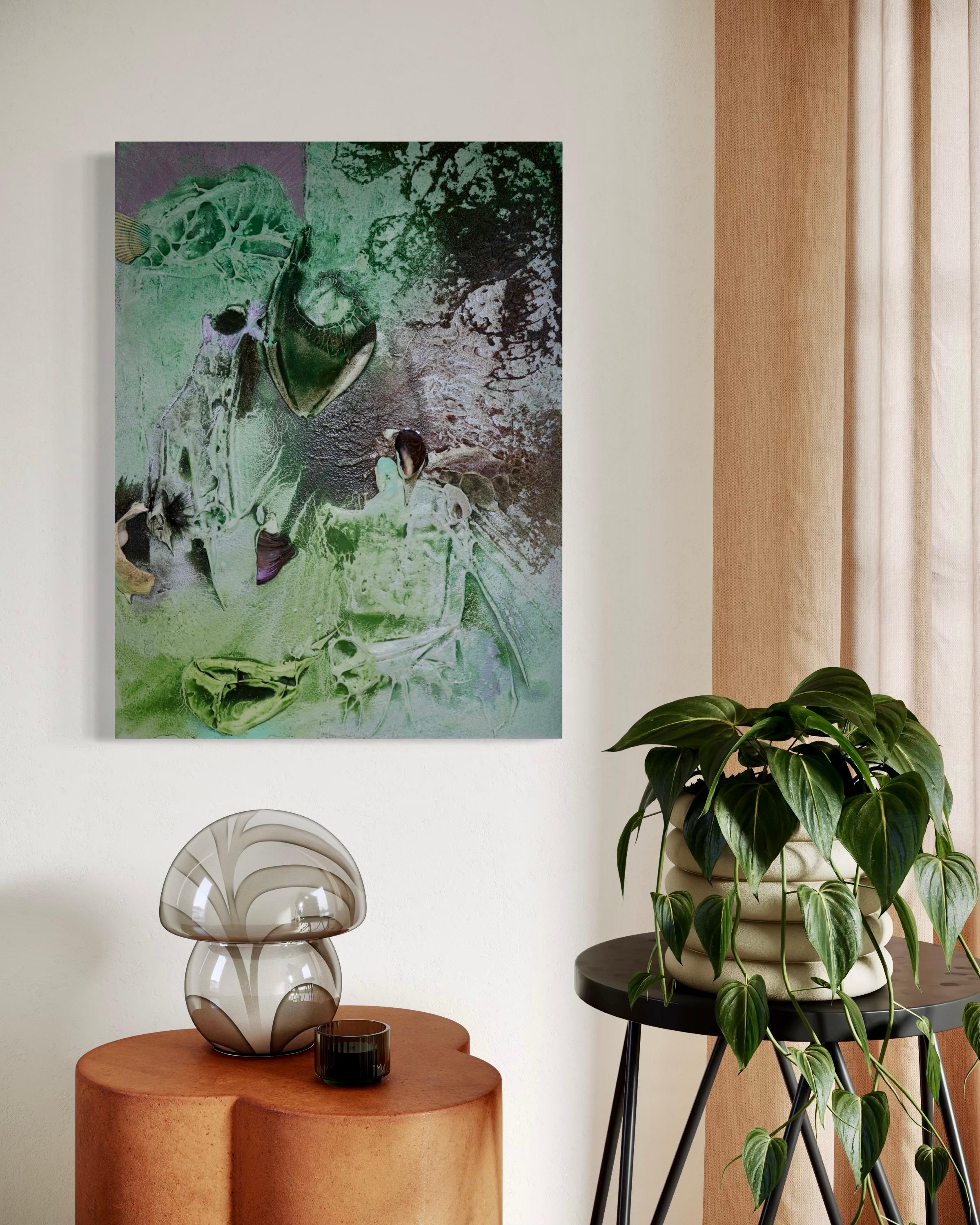 Vestiges spectrales IV (texture organic, biophilic, sand, light green, mix-media For Sale 7