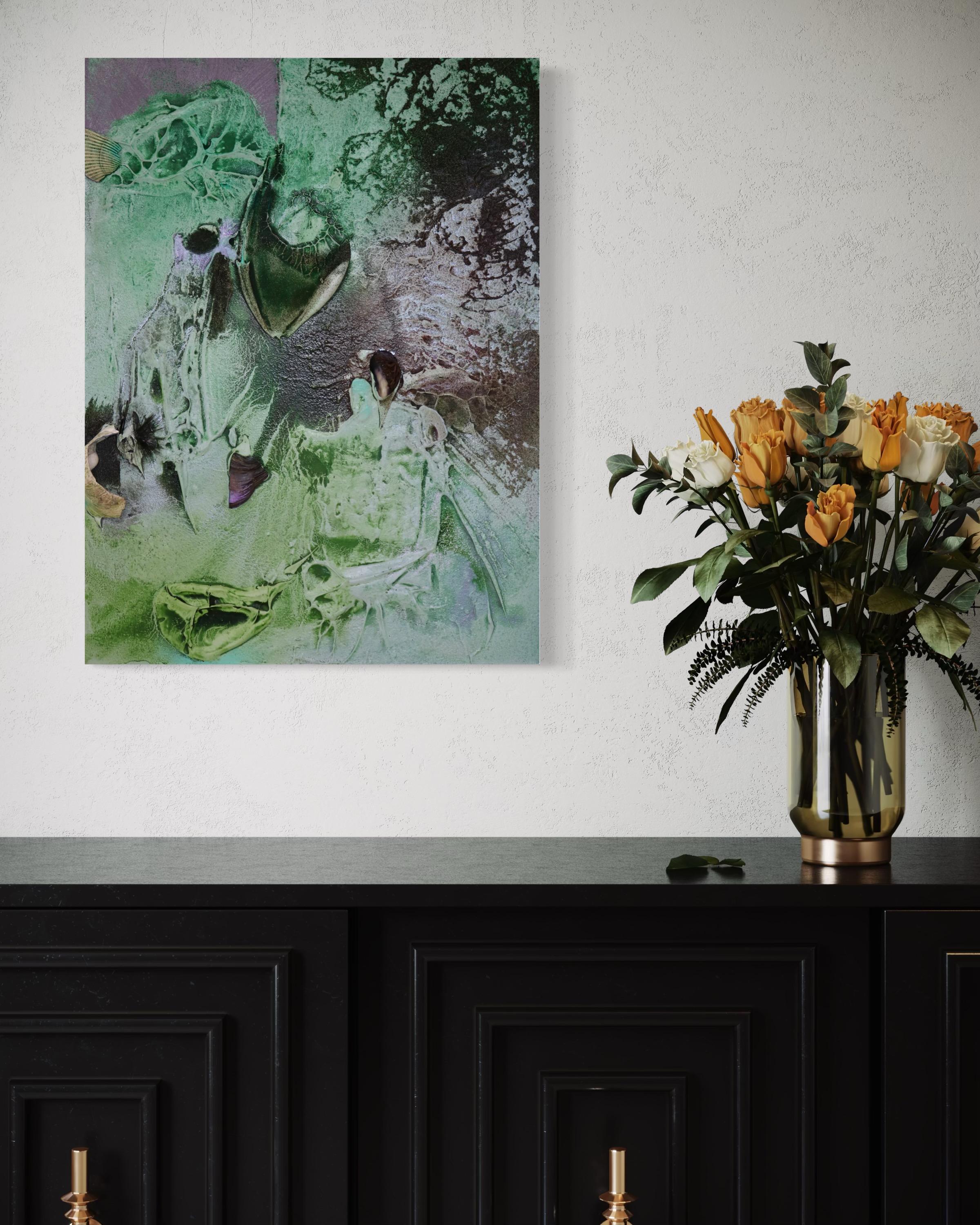 Vestiges spectrales IV (texture organic, biophilic, sand, light green, mix-media For Sale 9