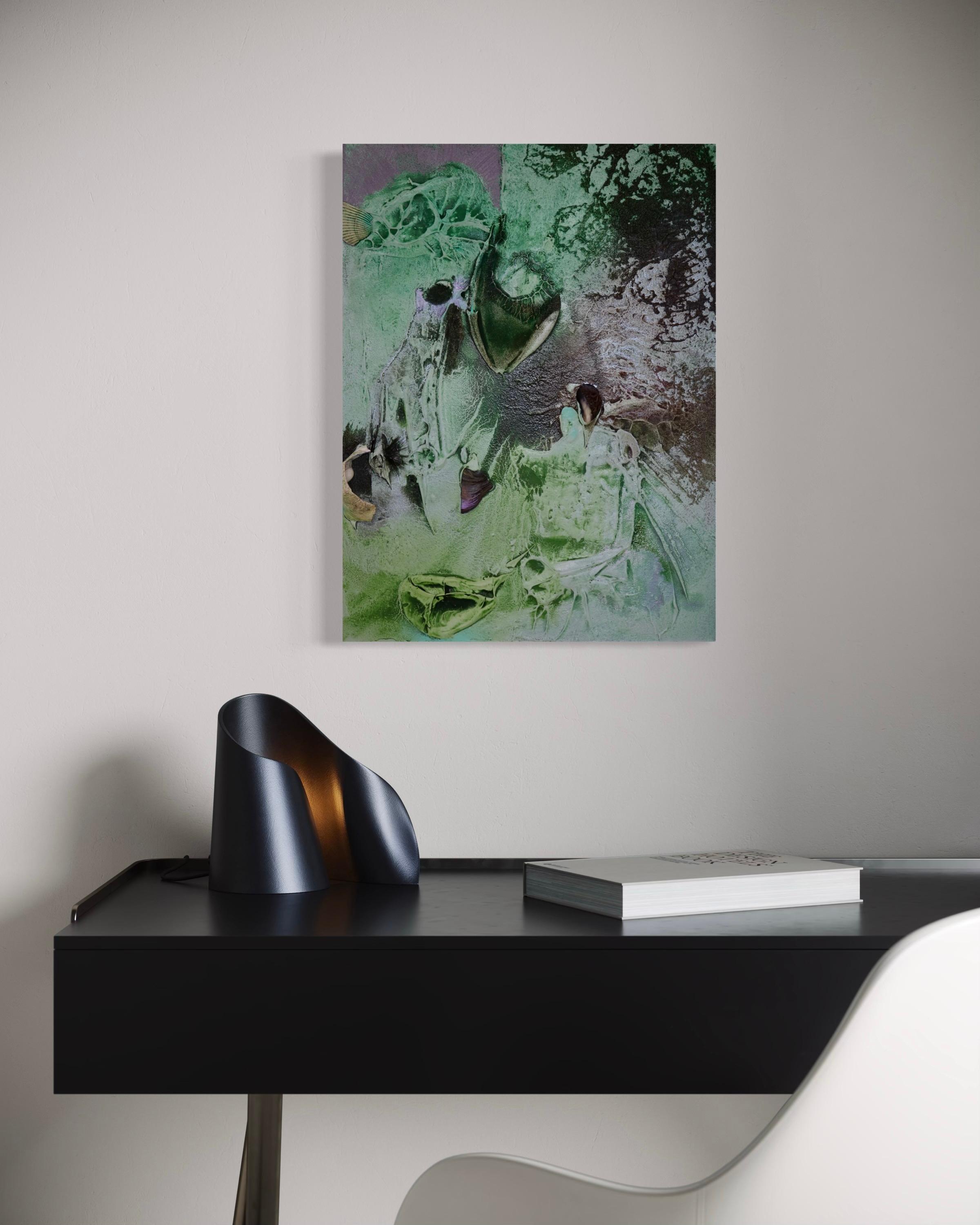 Vestiges spectrales IV (texture organic, biophilic, sand, light green, mix-media For Sale 12