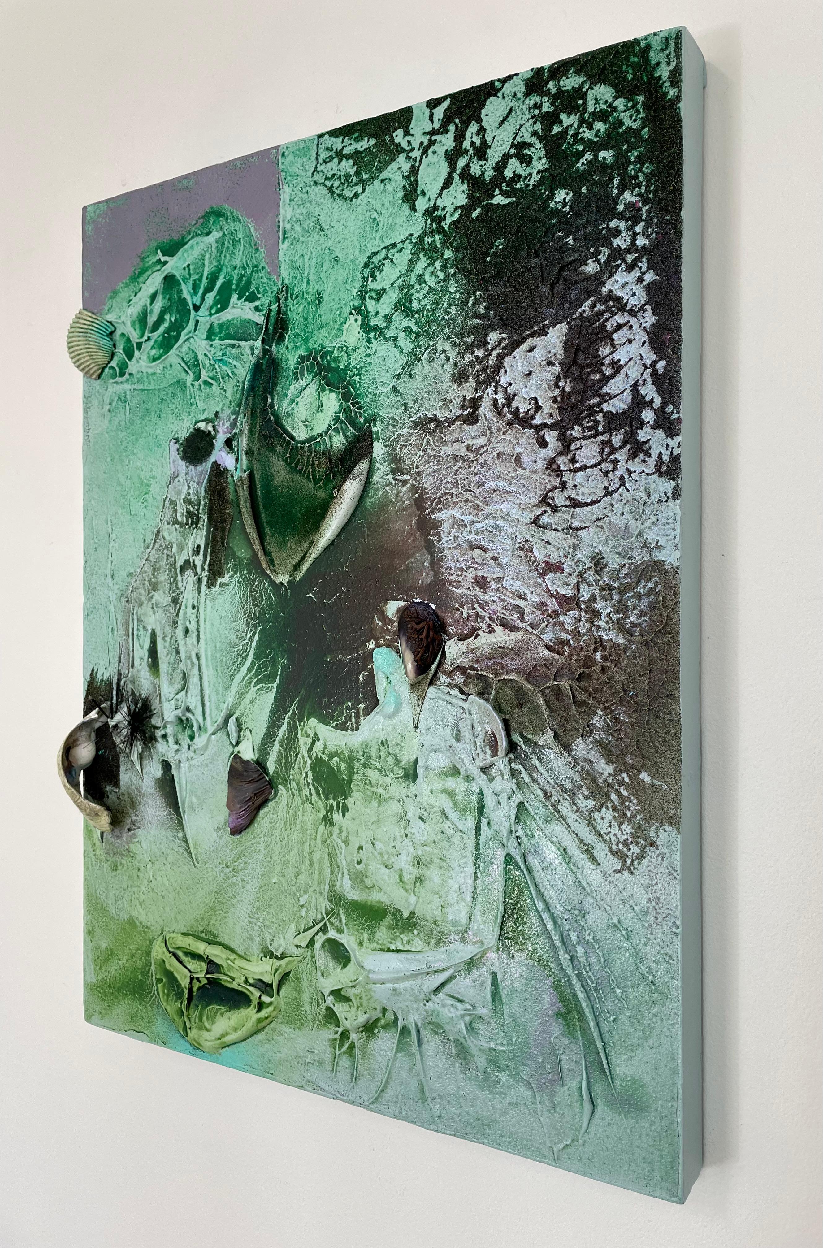 Vestiges spectrales IV continues Melisa Taylor Metzger’s exploration of oceanic memory and material transformation through mixed media and impasto. This smaller-scale work, rich in tactile depth, merges painting and low-relief sculpture into a