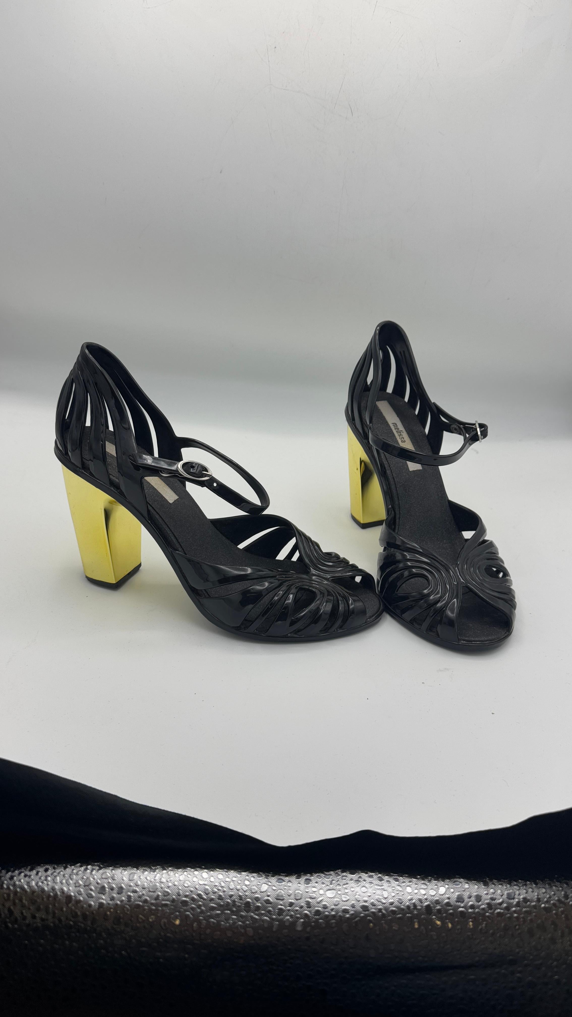 Melissa Black PVC Heels with Gold Geometric Block Heel - We pay for import duty! In condizioni ottime in vendita a Milano, IT