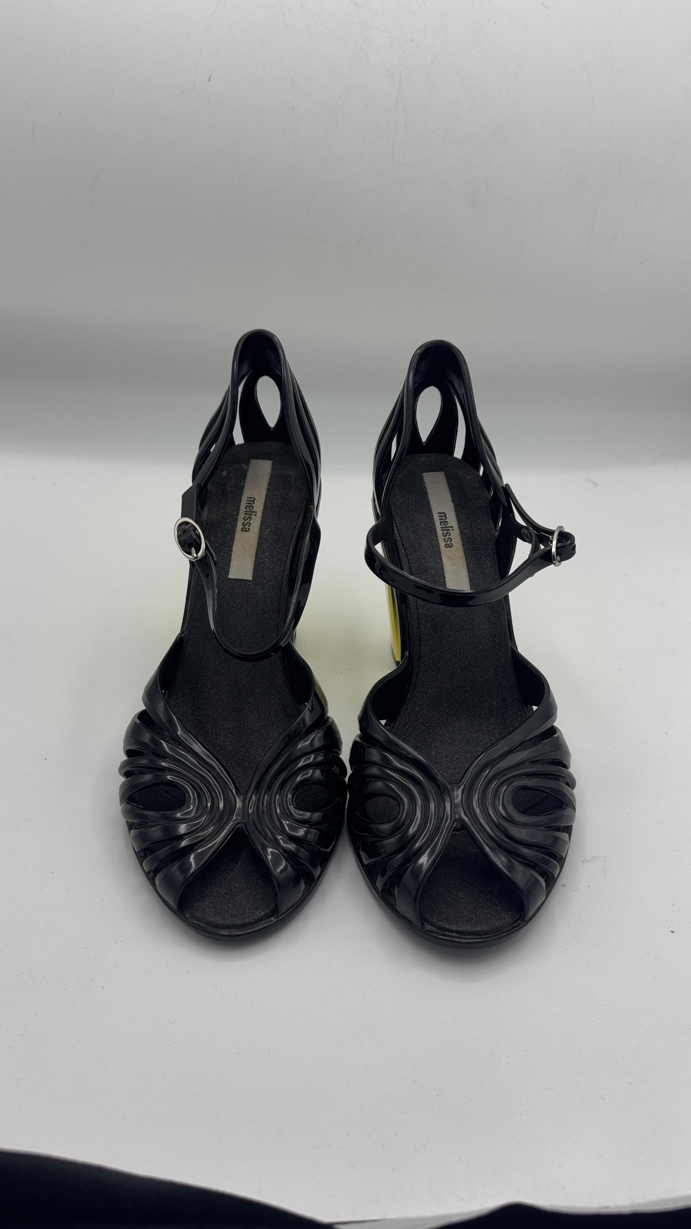 Donna Melissa Black PVC Heels with Gold Geometric Block Heel - We pay for import duty! in vendita