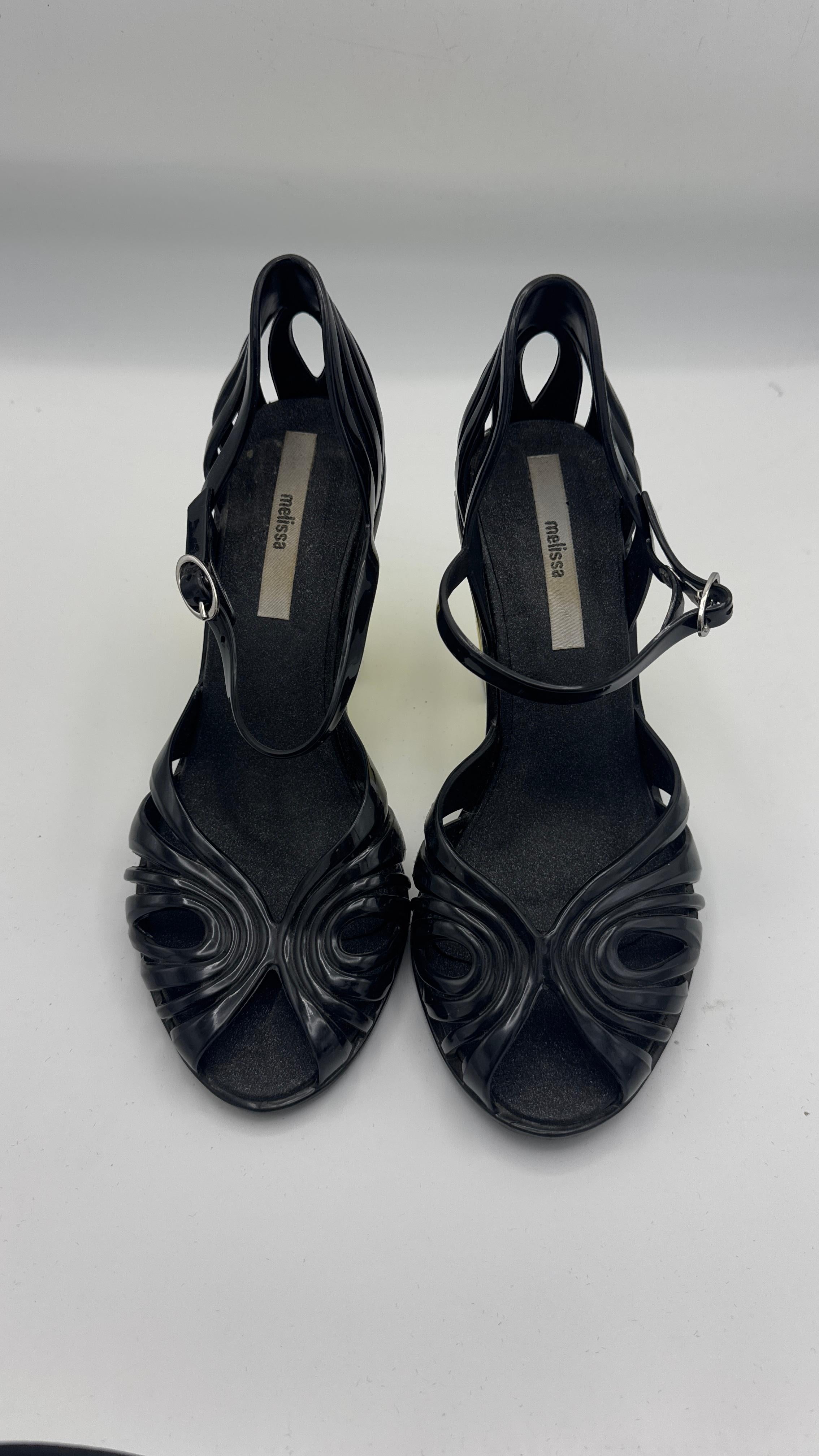 Melissa Black PVC Heels with Gold Geometric Block Heel - We pay for import duty! in vendita 1