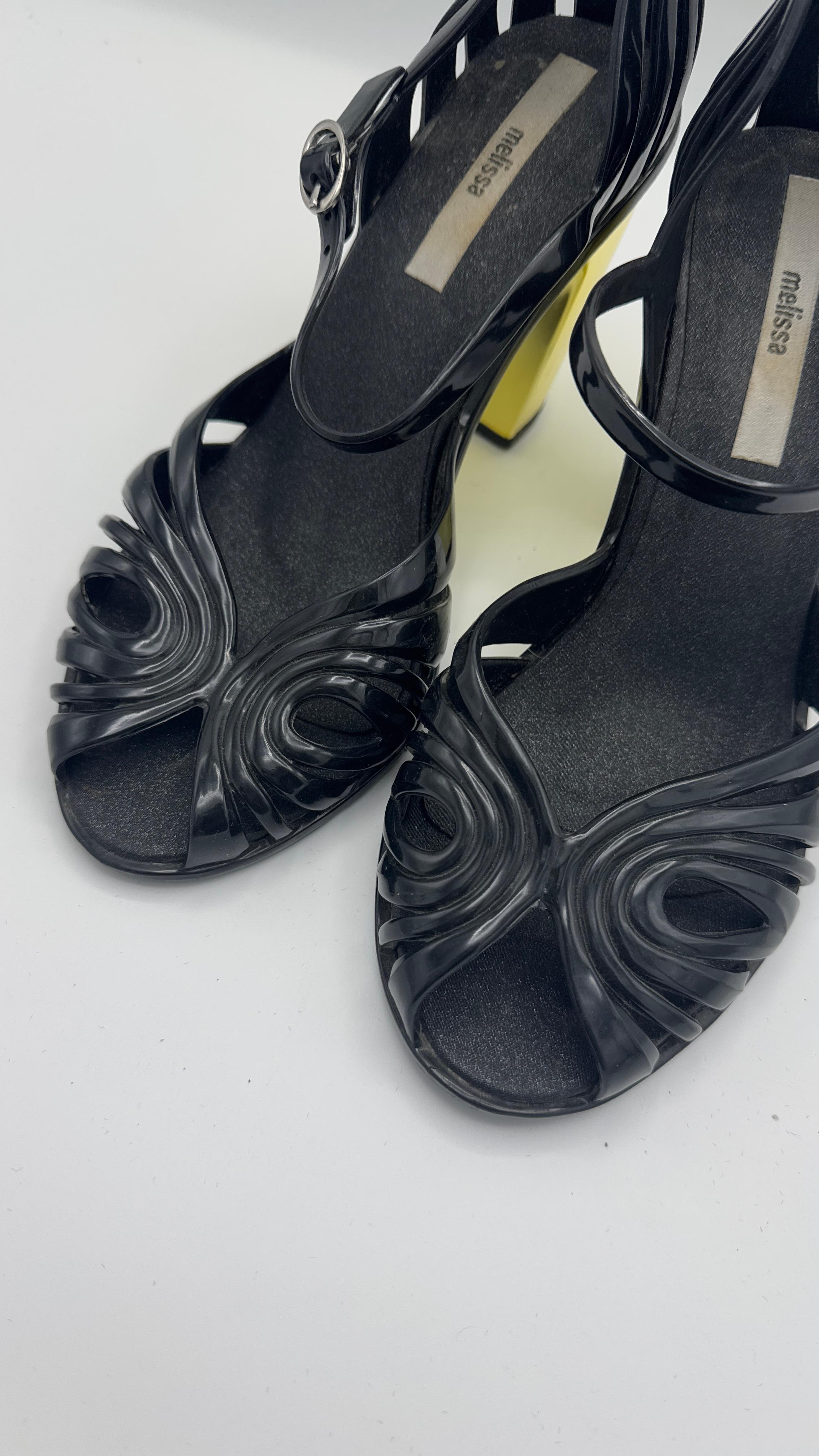Melissa Black PVC Heels with Gold Geometric Block Heel - We pay for import duty! in vendita 4