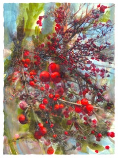 "Forgiven (Berries)" encaustic, gouache, pigment print, dried leaves on panel
