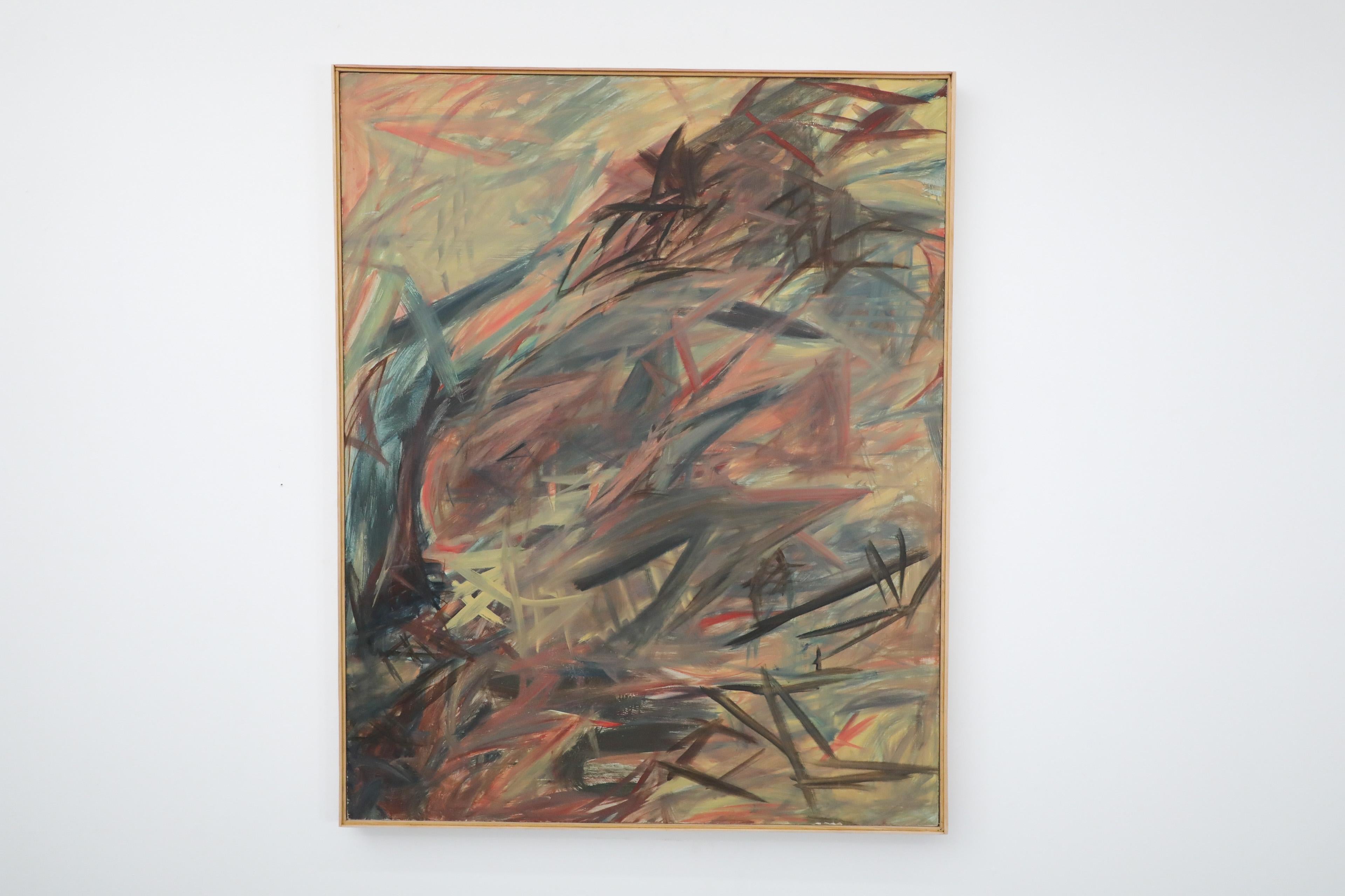 Quadro espressionista astratto senza titolo di Melissa Cowy, 1980. Acrilico su tela. Un'impressionante combinazione di sbavature espressive e tratti intenzionalmente audaci, questo pezzo astratto sarebbe un'attrazione per qualsiasi interno