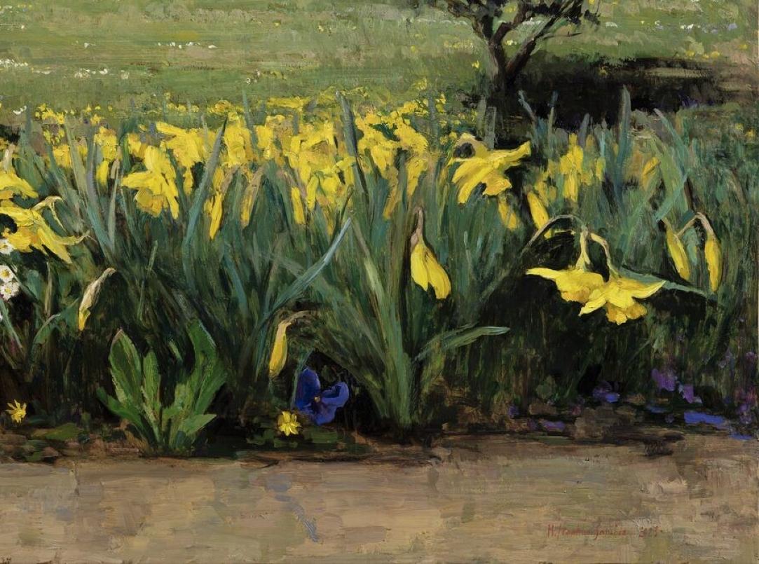 Narcisos  óleo sobre cobre Bodegón floral de la Academia de Florencia - Painting de Melissa F. Sanchez