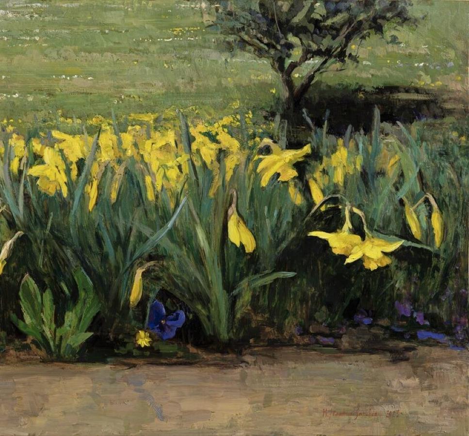 Narcisos  óleo sobre cobre Bodegón floral de la Academia de Florencia - Landscape Painting Marrón de Melissa F. Sanchez