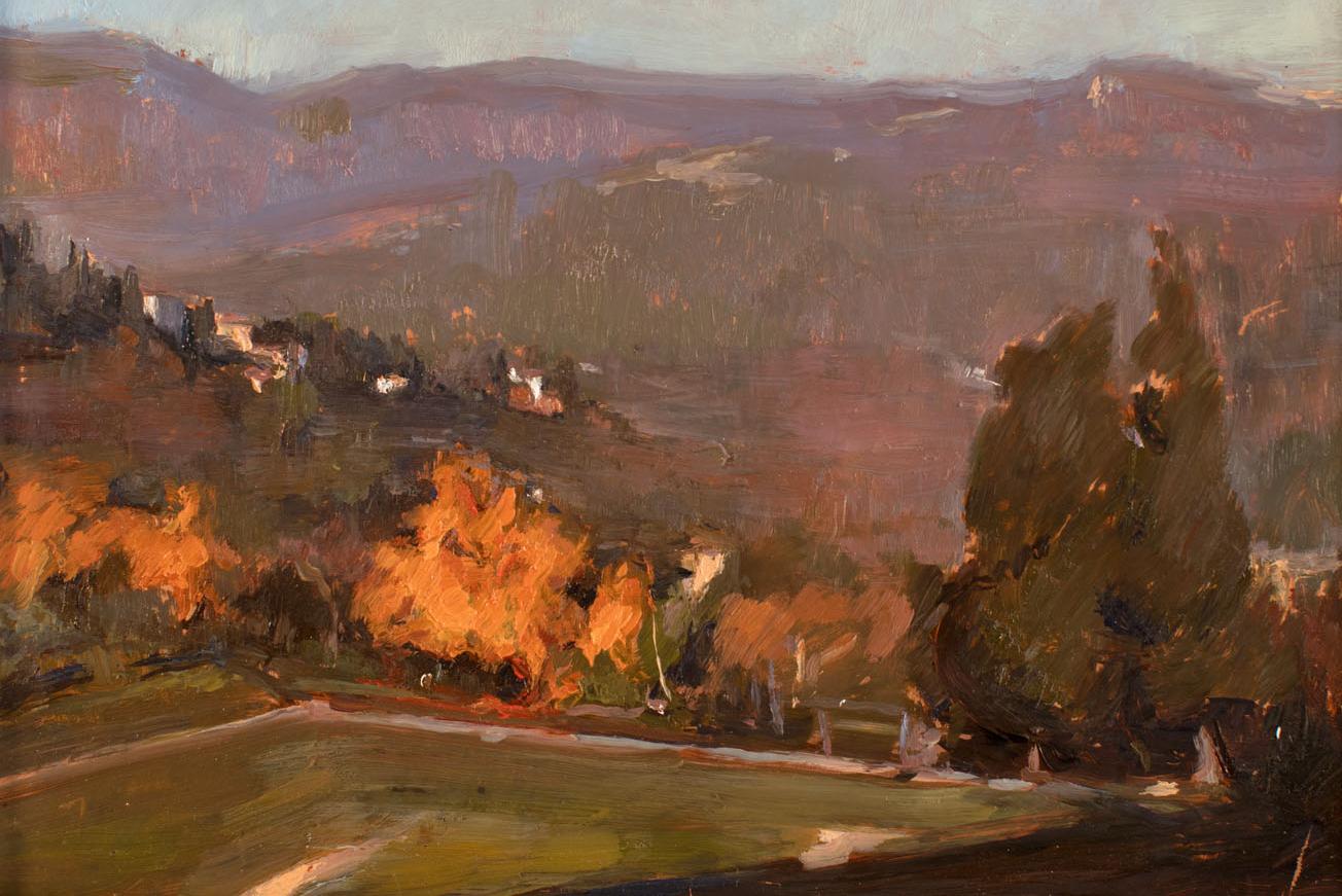 Fiesole in Fall, Oil Painting on Copper, Realism, Florence, Classical Painting - Brown Landscape Painting by Melissa F. Sanchez