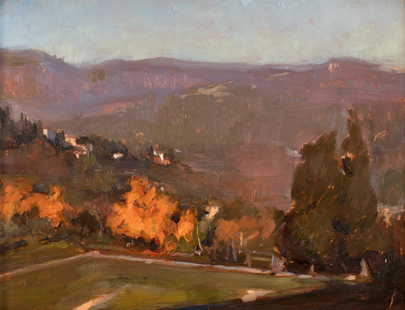 Melissa F. Sanchez Landscape Painting - Fiesole in Fall, Oil Painting on Copper, Realism, Florence, Classical Painting