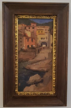 Harbor at Tellaro, Oil Painting on Board, Impressionism ,Framed in Florence