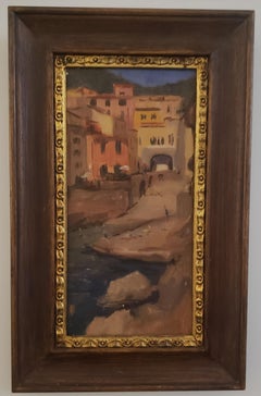 Harbor at Tellaro, Oil Painting on Board, Impressionism , Framed in Florence