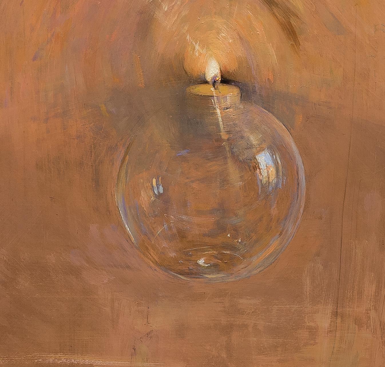 Lampe, peinture à l'huile sur cuivre,  Style du réalisme, Florence, Hope. Bougie - Painting de Melissa F. Sanchez