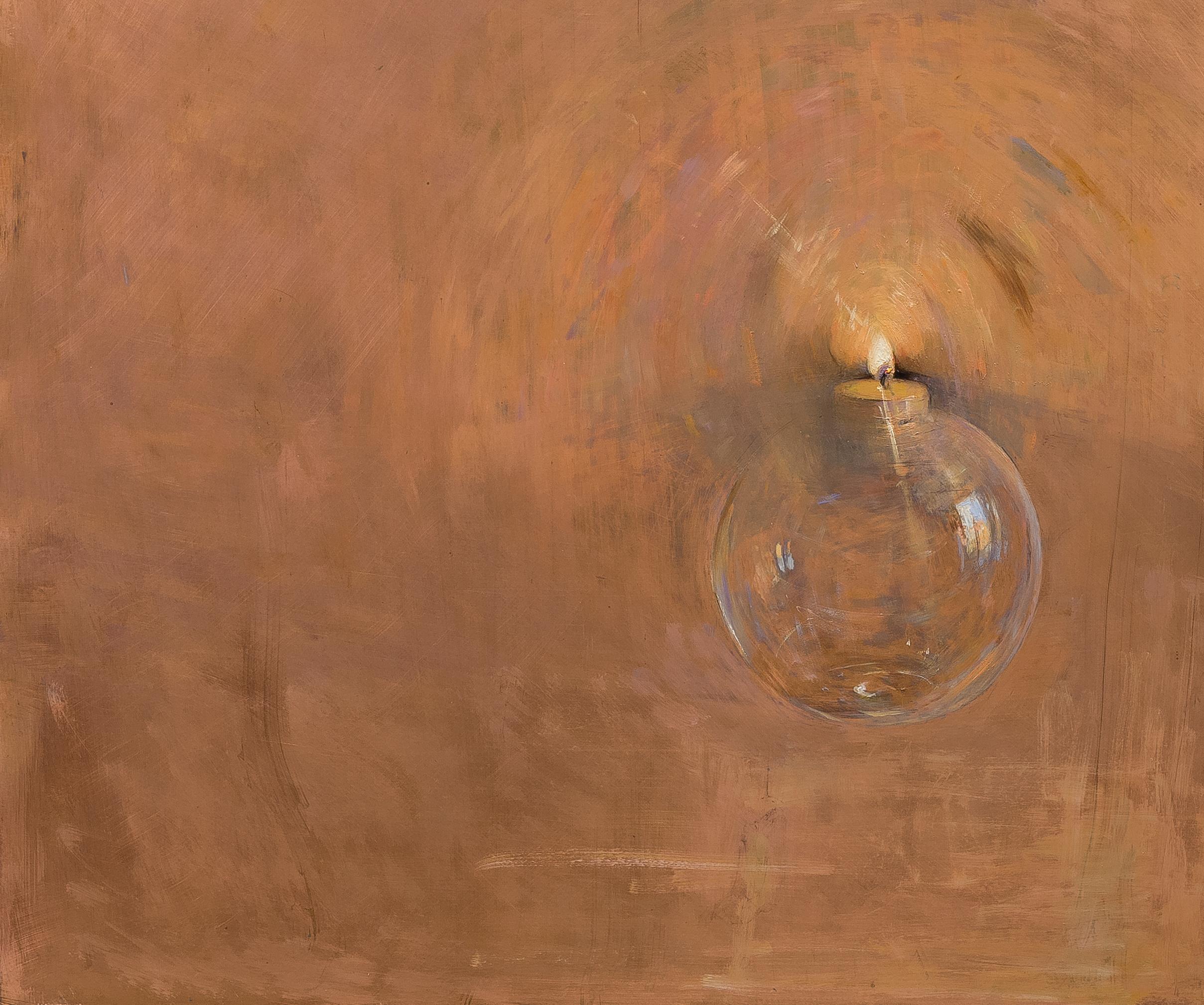 Lampe, peinture à l'huile sur cuivre,  Style du réalisme, Florence, Hope. Bougie - Marron Still-Life Painting par Melissa F. Sanchez